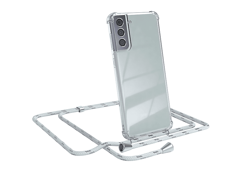 EAZY CASE Clear Cover mit Umhängeband, Umhängetasche, Samsung, Galaxy S21 Plus 5G, Weiß / Clips Silber