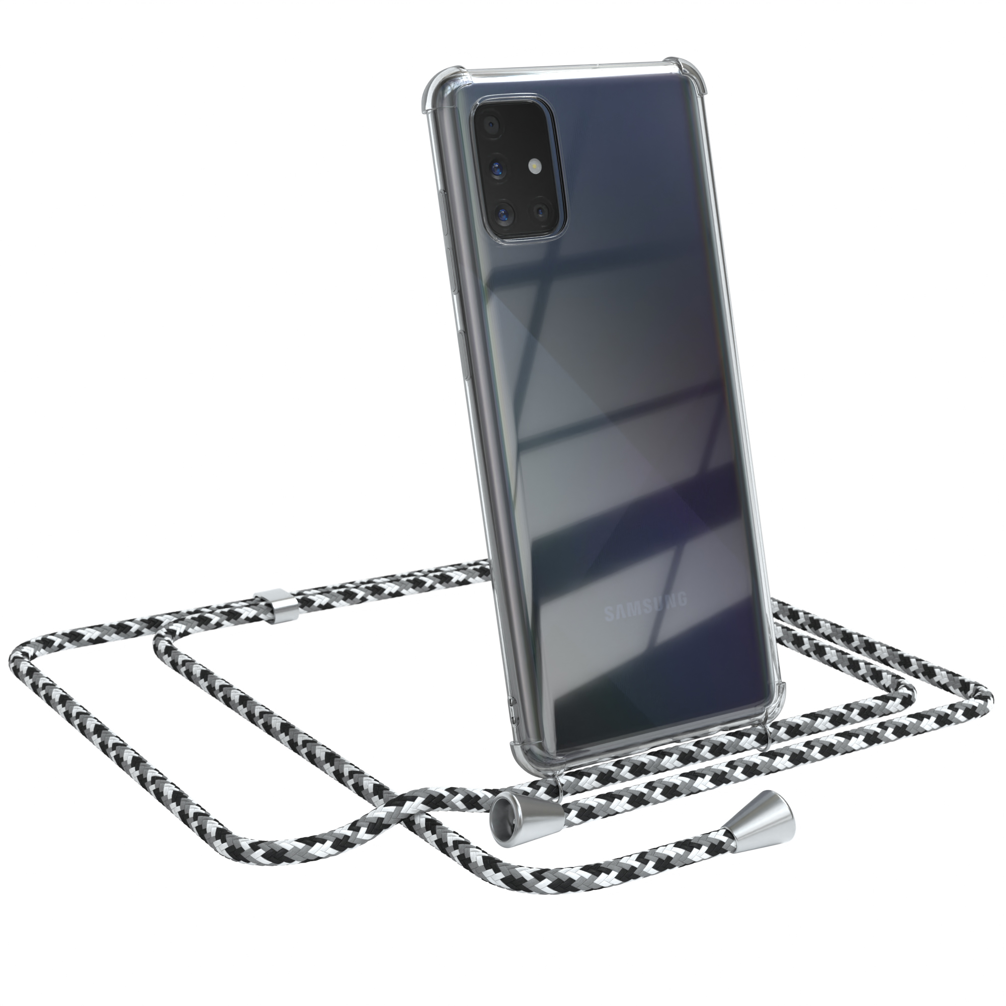 Samsung-Telefon in klarer Hülle mit schwarz-grauem Lanyard.