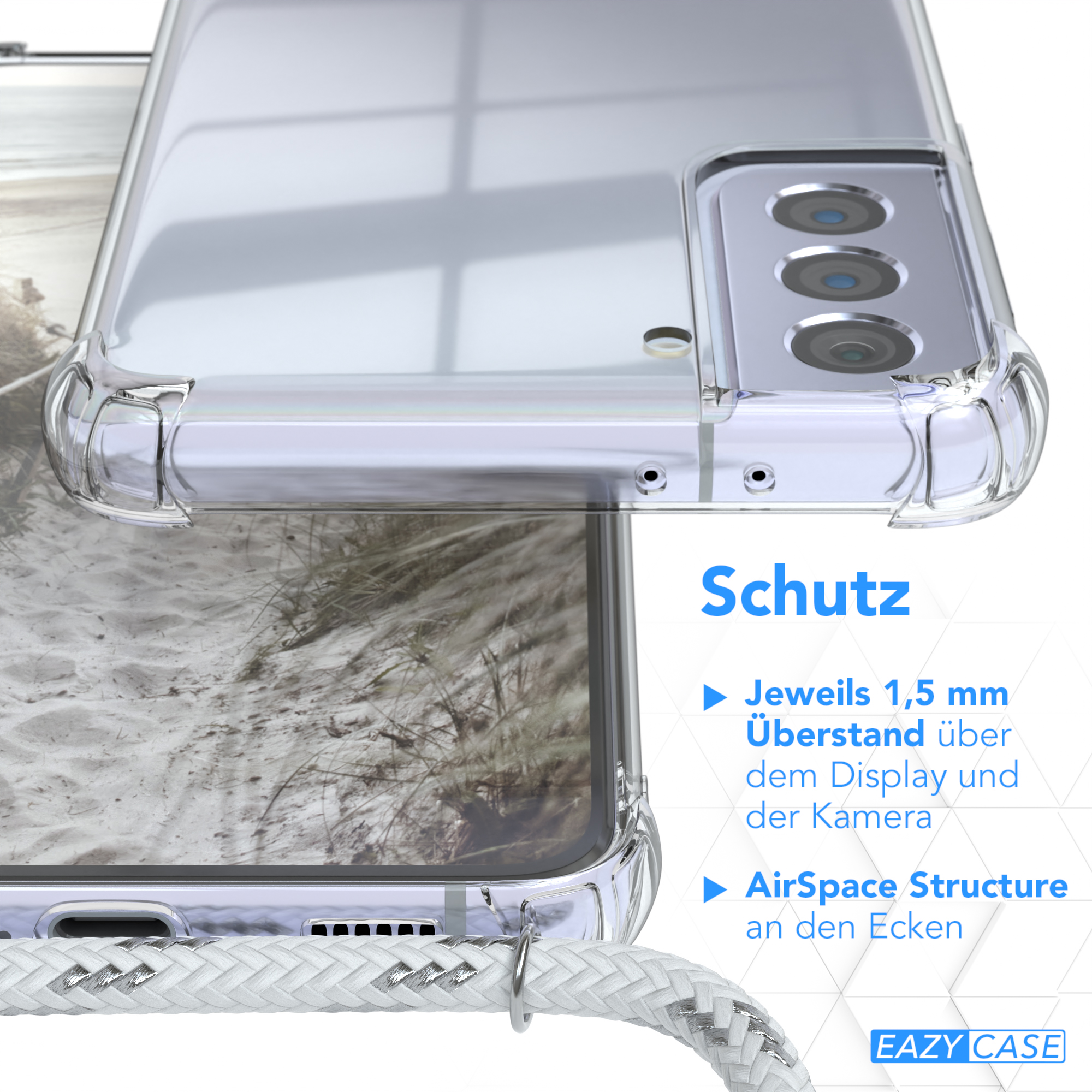 EAZY CASE Clear Cover mit Umhängeband, Clips S21 5G, Plus Samsung, Silber / Weiß Umhängetasche, Galaxy