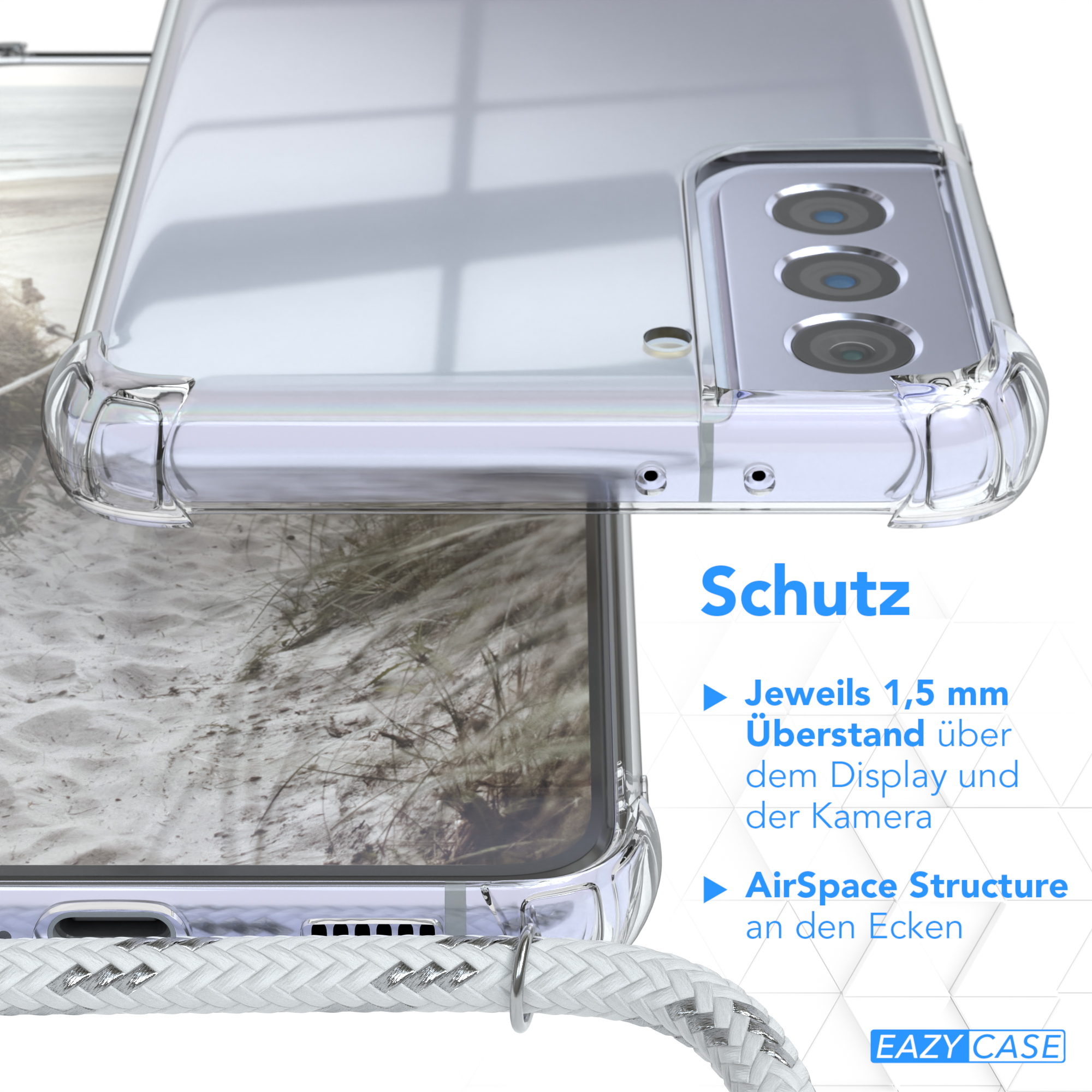 EAZY CASE Weiß / Umhängetasche, Cover mit Plus Umhängeband, Galaxy 5G, Clear Clips Silber Samsung, S21