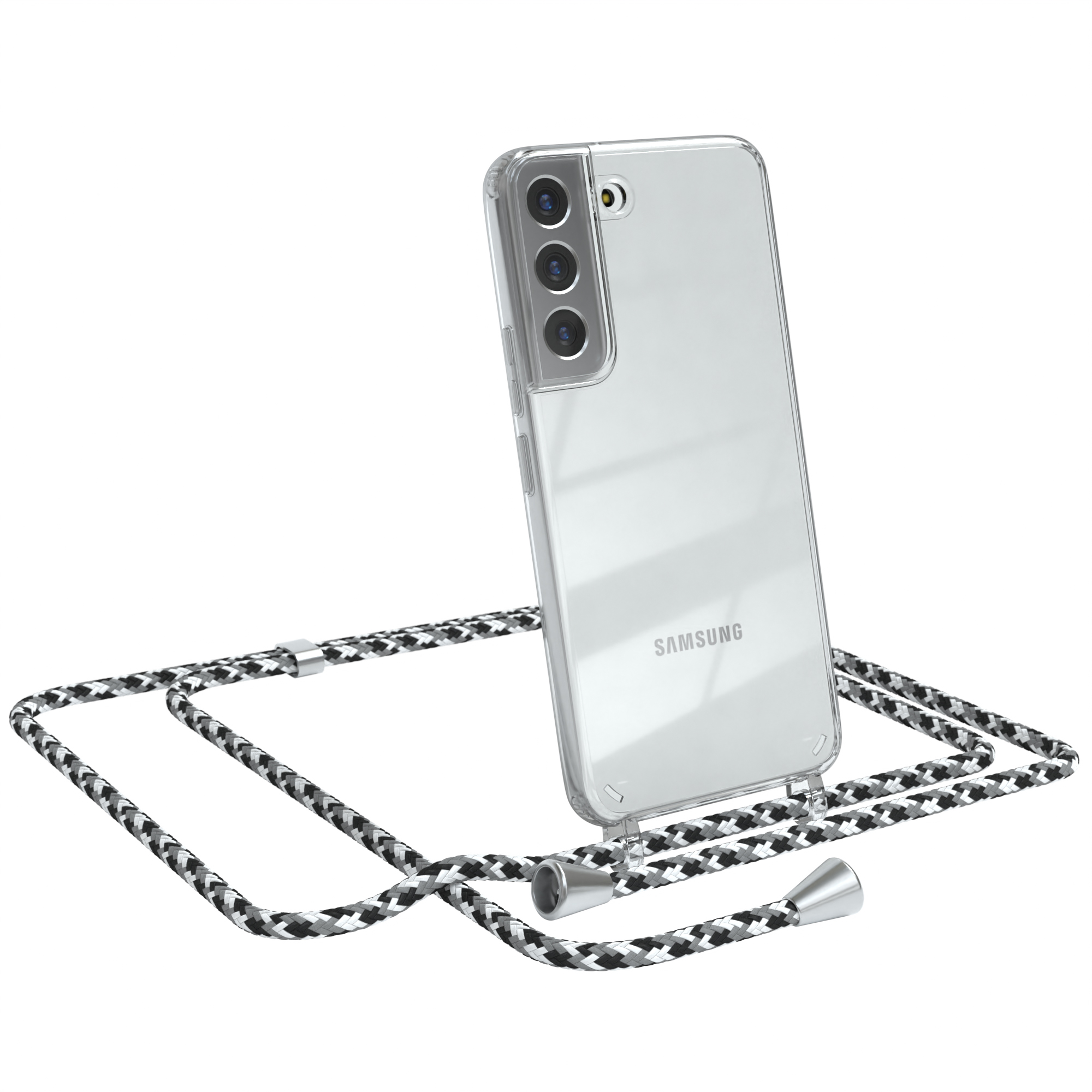Transparente Handyhülle mit schwarz-weiß geflochtenem Lanyard. Samsung-Telefon schräg.