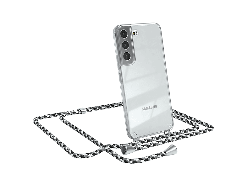 EAZY CASE Clear Cover mit Umhängeband, Umhängetasche, Samsung, Galaxy S22 5G, Schwarz Camouflage / Clips Silber