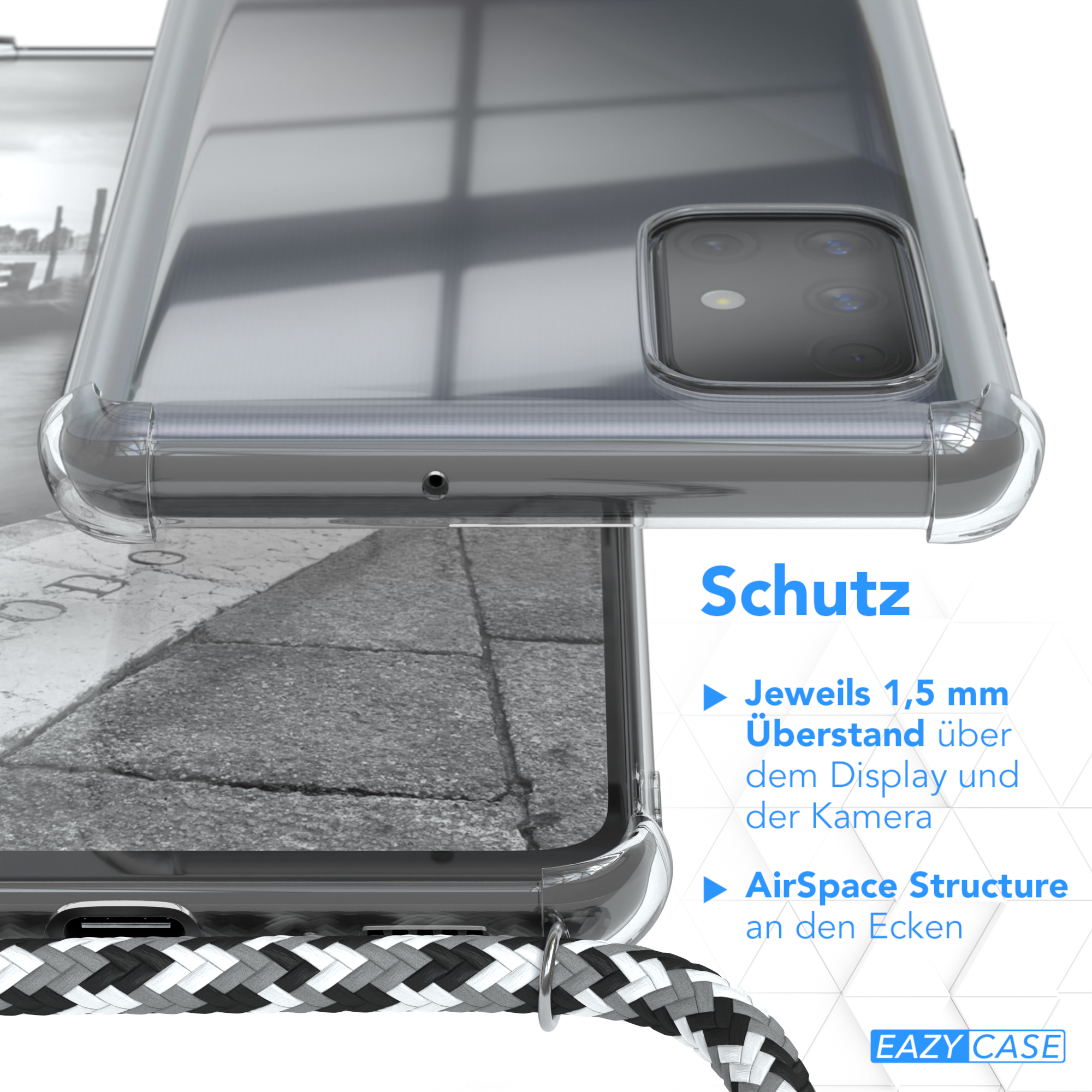 Transparente Handyhülle mit Text über Schutz.