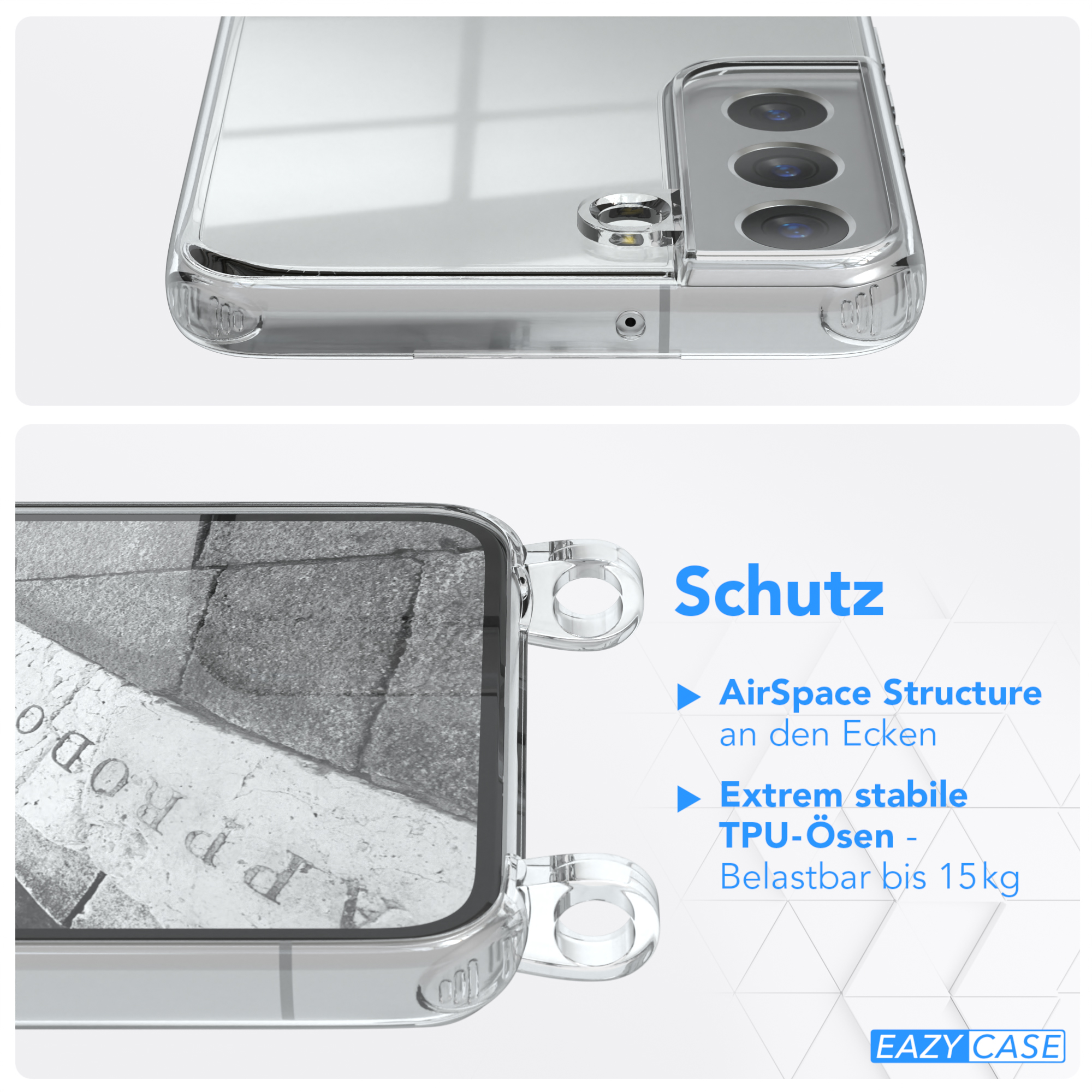 Nahaufnahme einer transparenten Handyhülle mit Schutzfunktionen. Details zur Gehäusestruktur und Eckenschutz.