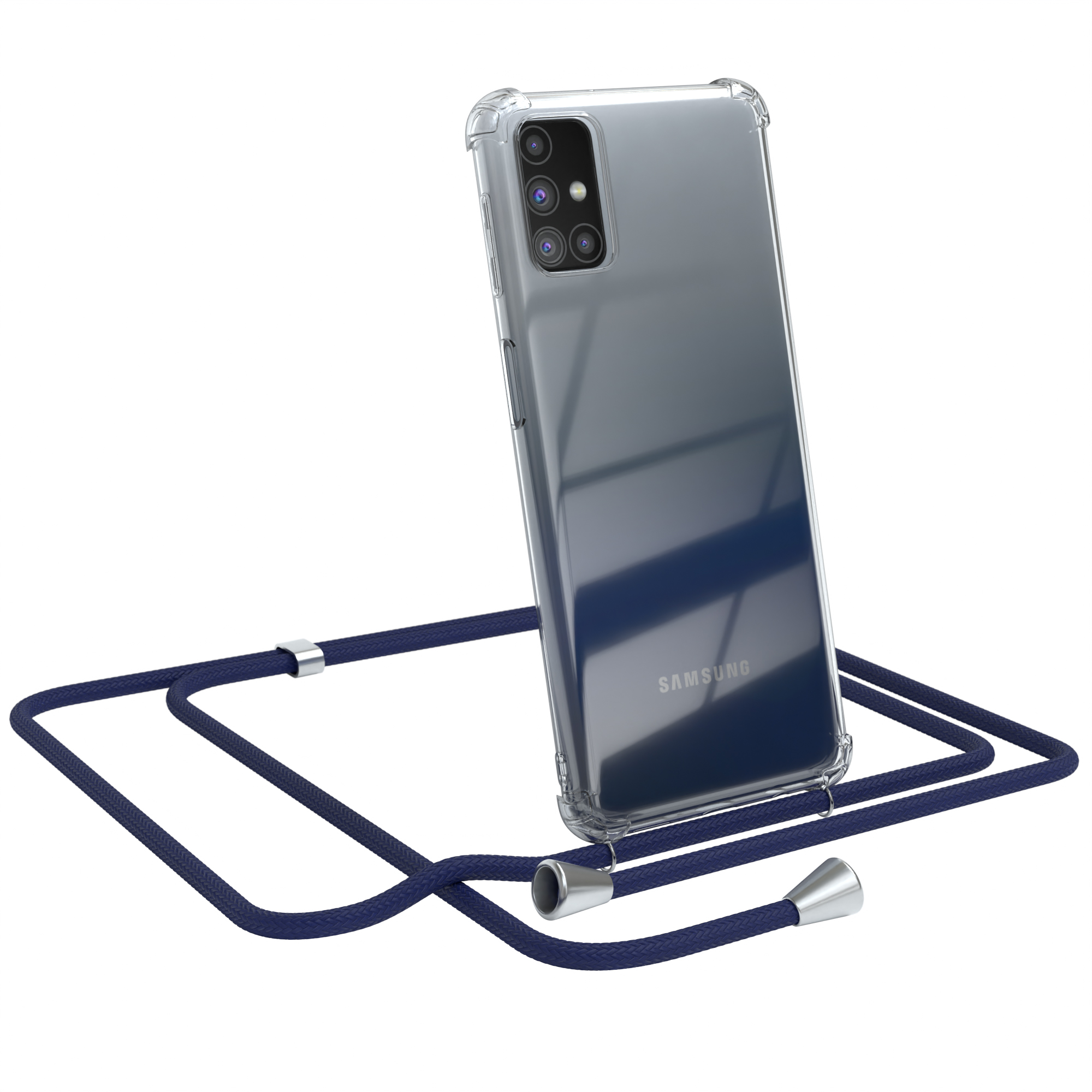Transparente Handyhülle mit dunkelblauem Schlüsselband. Ein Samsung-Telefon ist drin.
