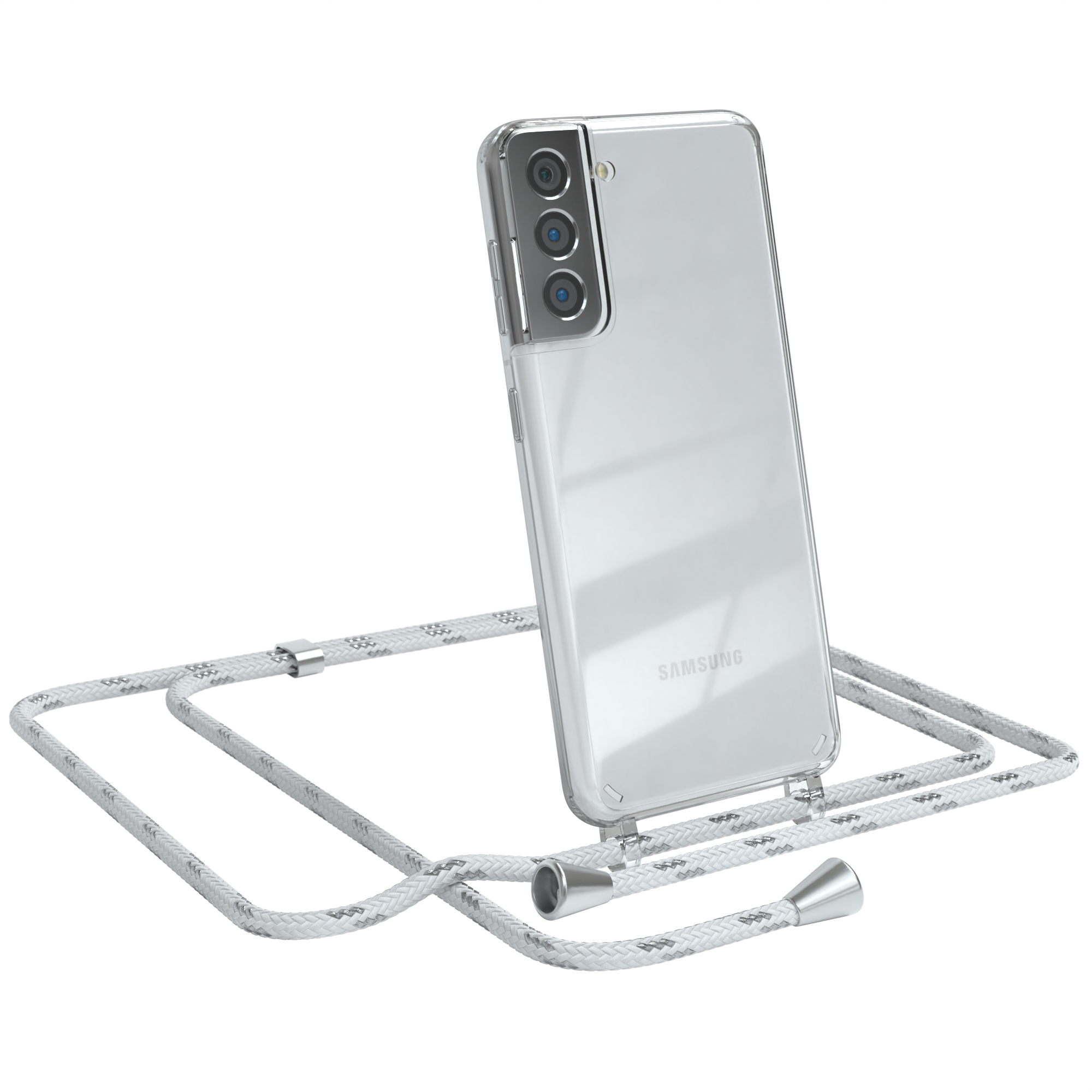 EAZY CASE / Clips S21 5G, Silber Samsung, Clear Umhängetasche, Umhängeband, mit Cover Weiß Galaxy