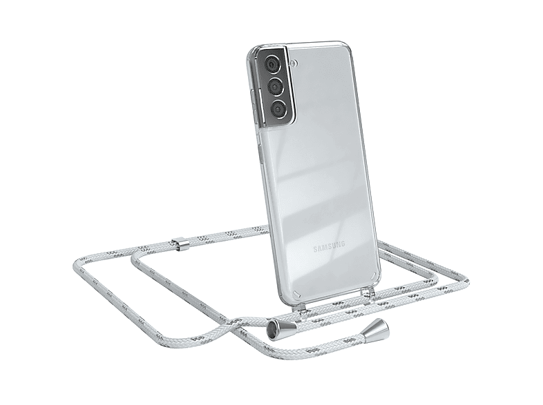 EAZY CASE Clear Cover mit Umhängeband, Umhängetasche, Samsung, Galaxy S21 5G, Weiß / Clips Silber