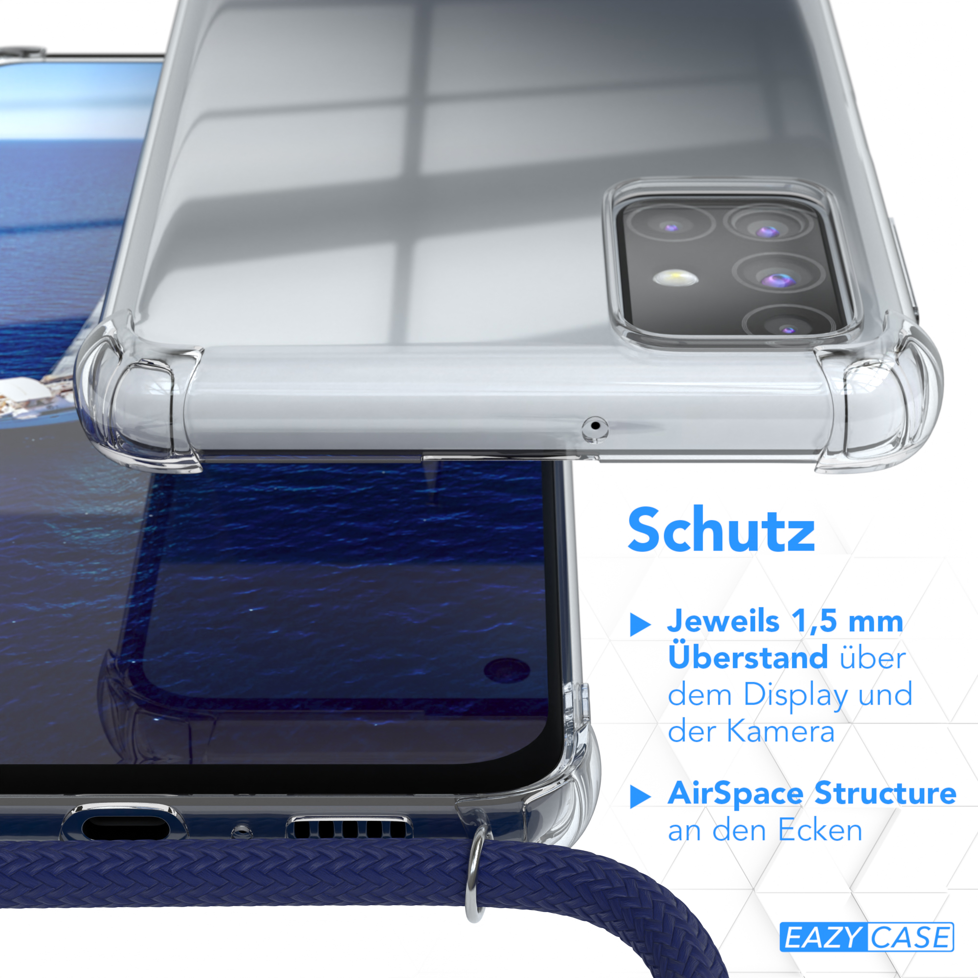 Klare Handyhülle auf einem Telefon. Das Telefon hat einen blauen Riemen. Text: Schutz.