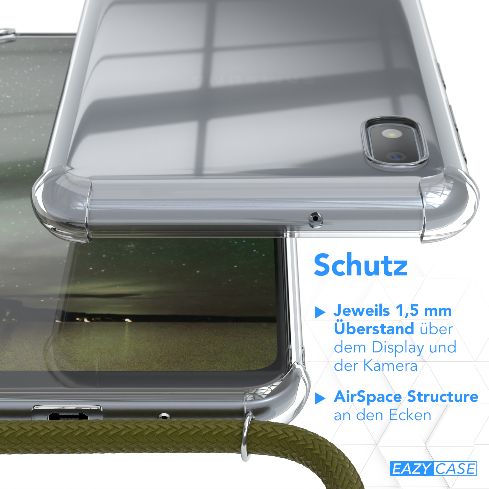 Transparente Handyhülle auf einem Handy, mit Text zum Display- und Kameraschutz.