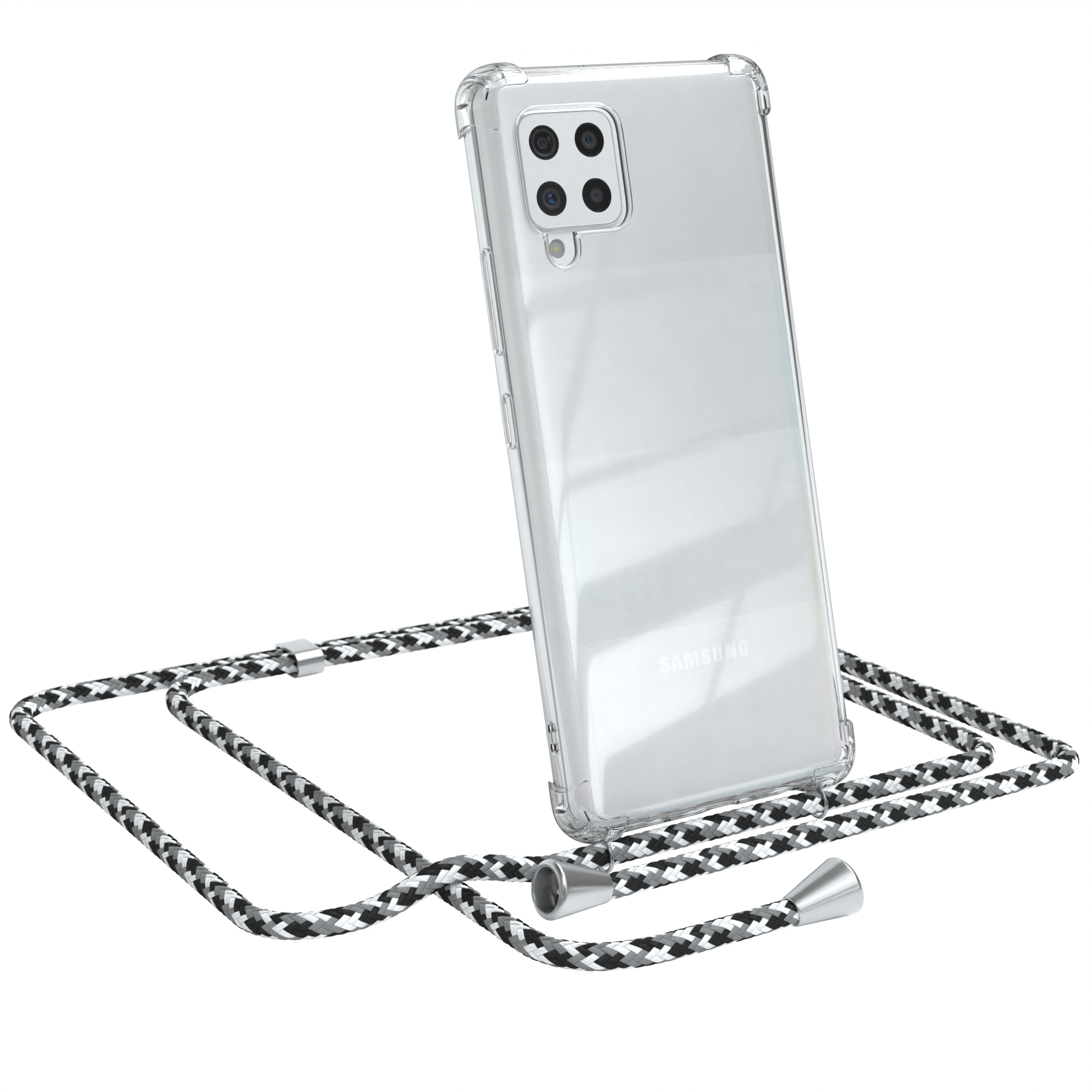 Transparente Handyhülle mit schwarz-weißem Umhängeband. Samsung Logo sichtbar.