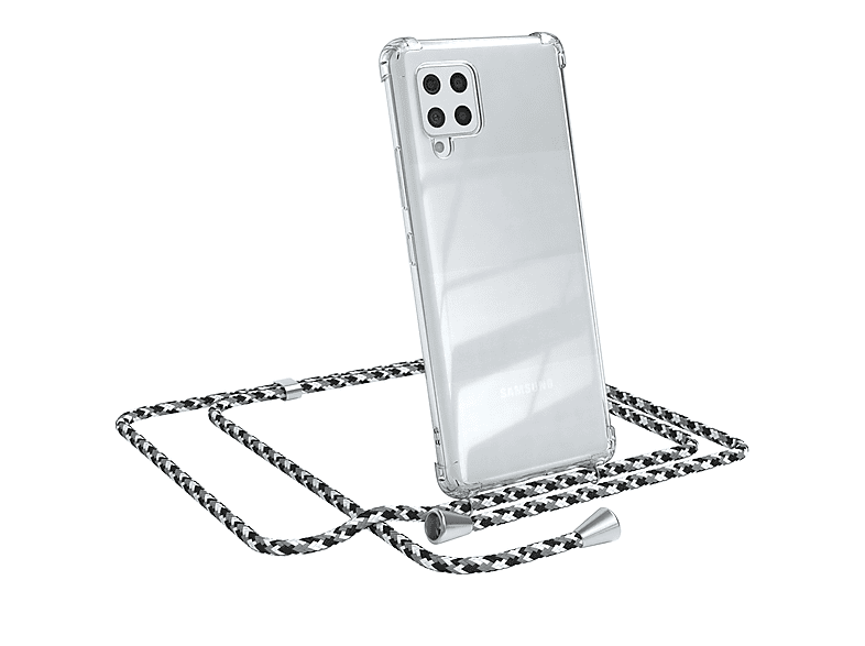 EAZY CASE Clear Cover mit Umhängeband, Umhängetasche, Samsung, Galaxy A42 5G, Schwarz Camouflage / Clips Silber