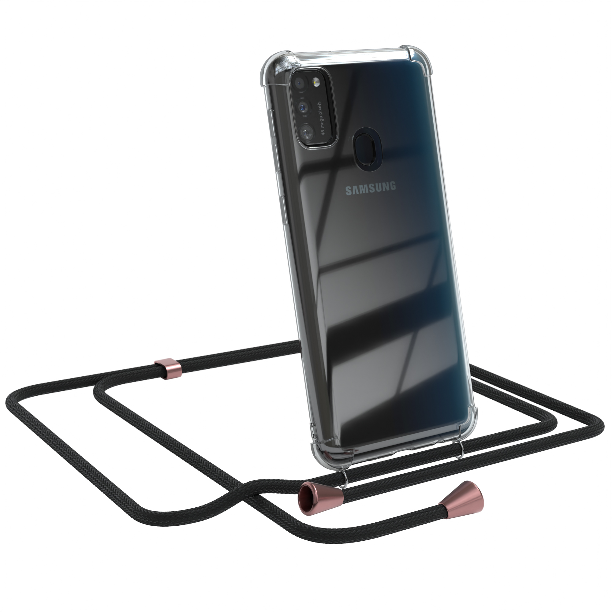 Schwarze Handyhülle mit schwarzem Seil, roségoldenen Akzenten. Samsung-Telefon. Isoliert.