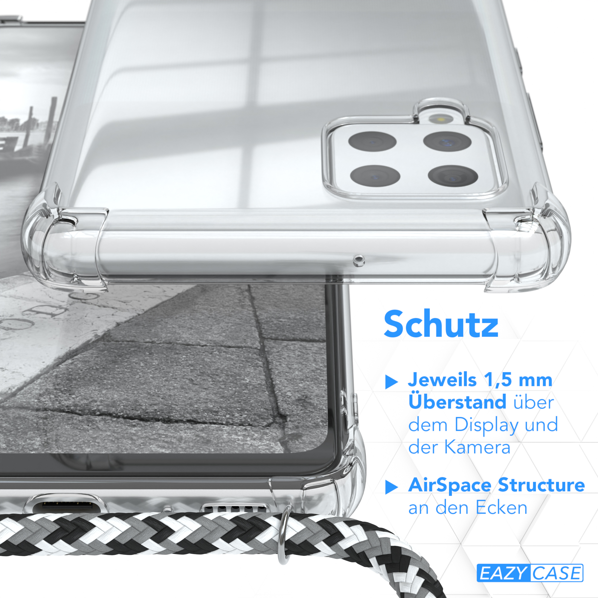 EAZY Clear Umhängeband, Clips Samsung, Cover Galaxy Umhängetasche, 5G, A42 Silber mit Schwarz CASE / Camouflage