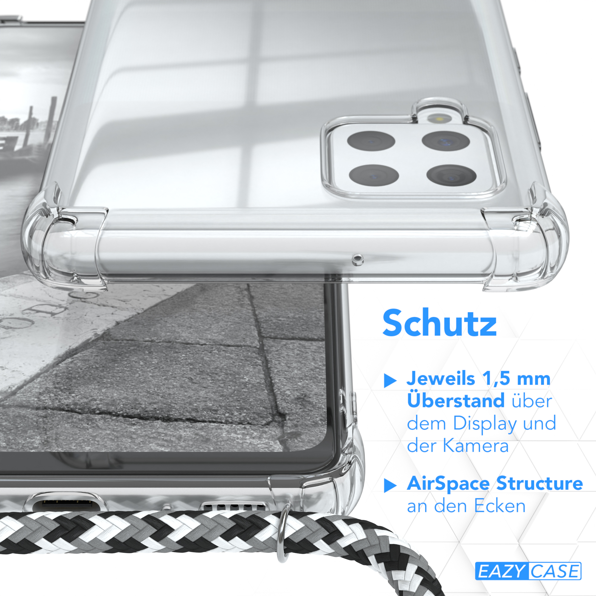 Klare Handyhülle schützt Telefon. Text: Schutz, AirSpace Structure, 1,5mm Display und Kamera.