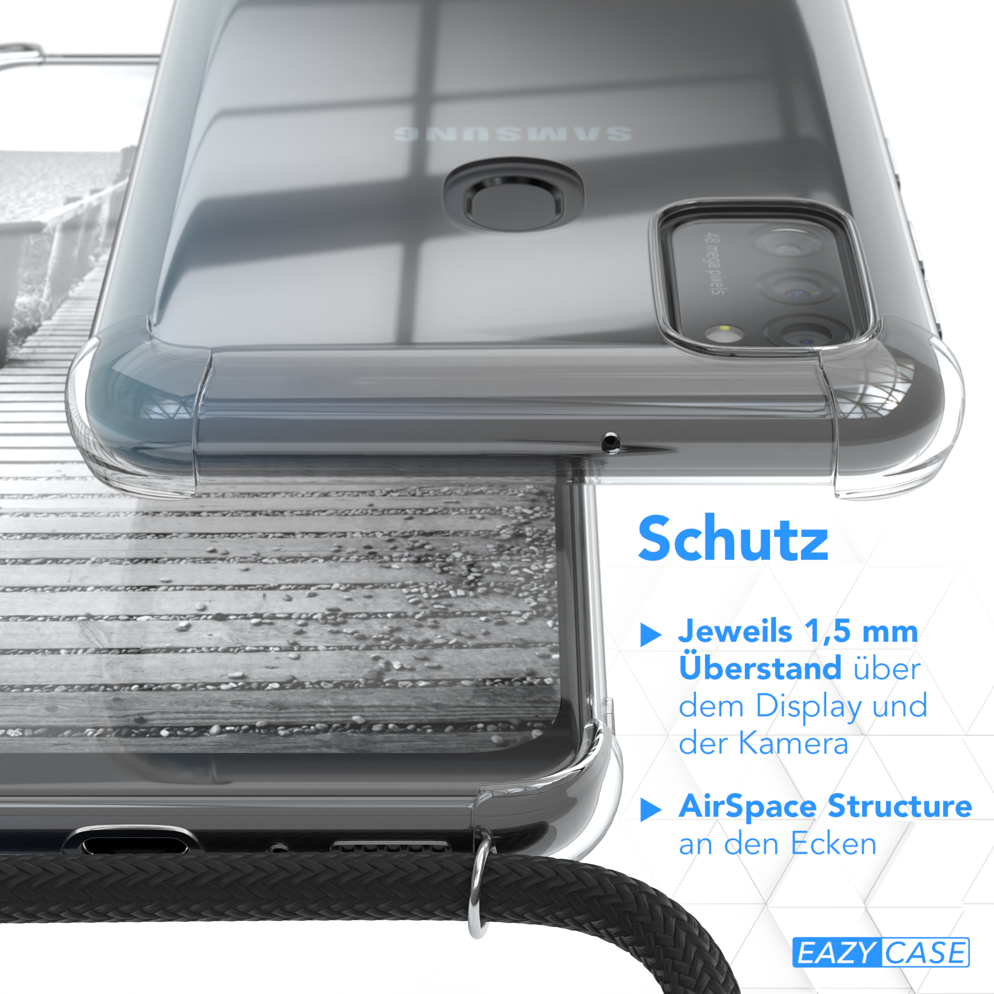 Transparente Handyhülle auf einem Telefon, mit Holzdeck-Hintergrund. Text zur Seite.