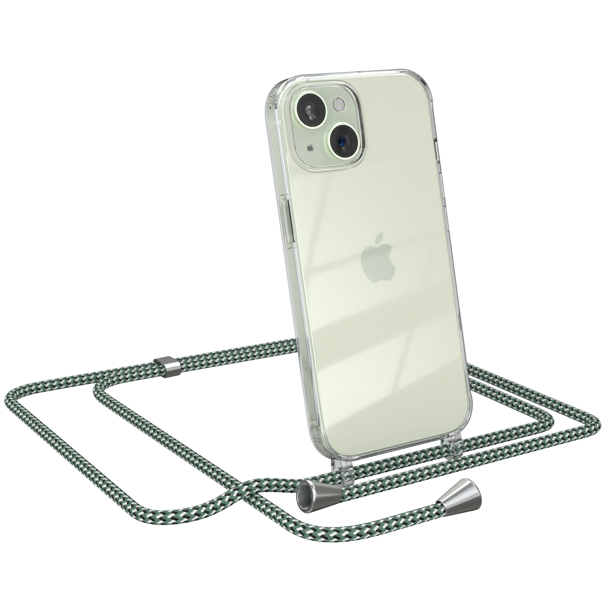 Transparente Handyhülle mit grünem Lanyard, Apple iPhone. Weißer Hintergrund.