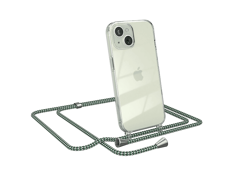 EAZY CASE Clear Cover mit Umhängeband, Umhängetasche, Apple, iPhone 15, Grün Weiß