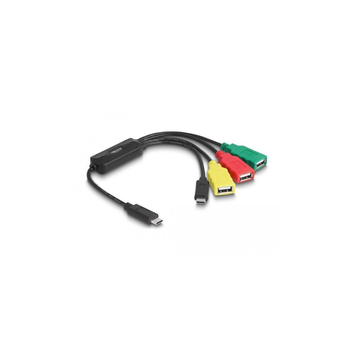 Adattatore USB-C a USB con quattro porte USB di diversi colori su bianco.