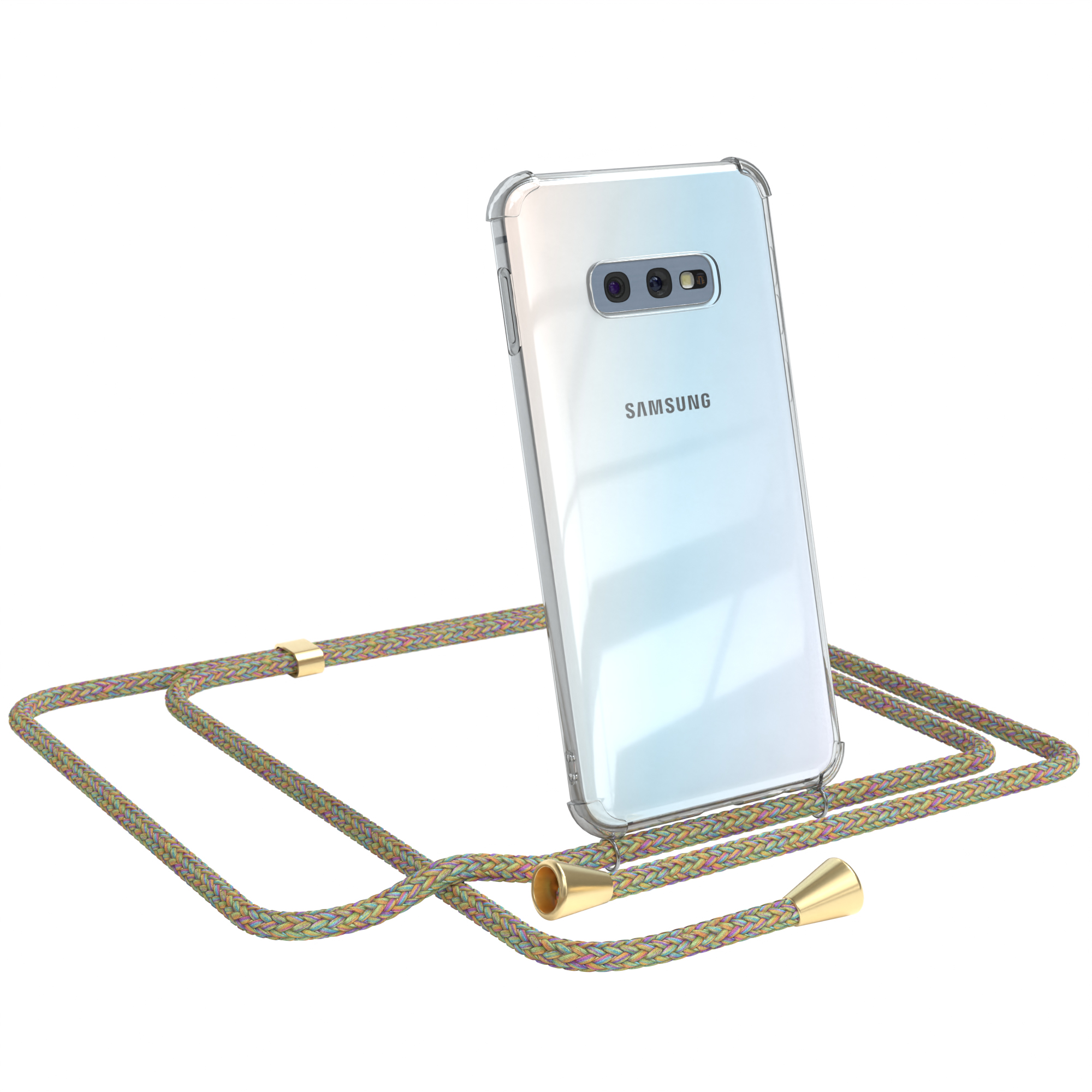 Transparente Handyhülle mit gelbem Band. Samsung-Logo sichtbar. Weißer Hintergrund.
