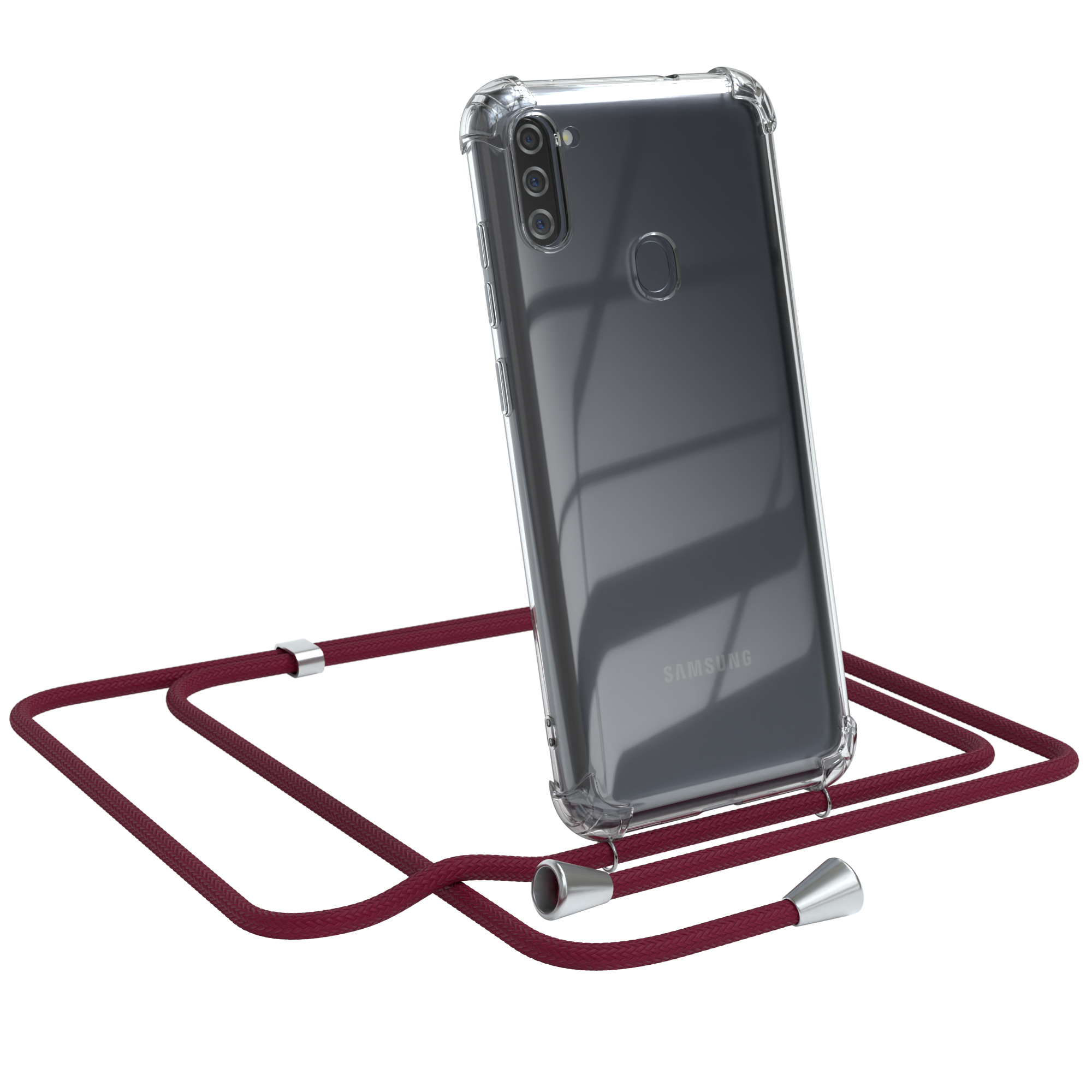 Telefon in klarer Hülle mit weinrotem Lanyard.