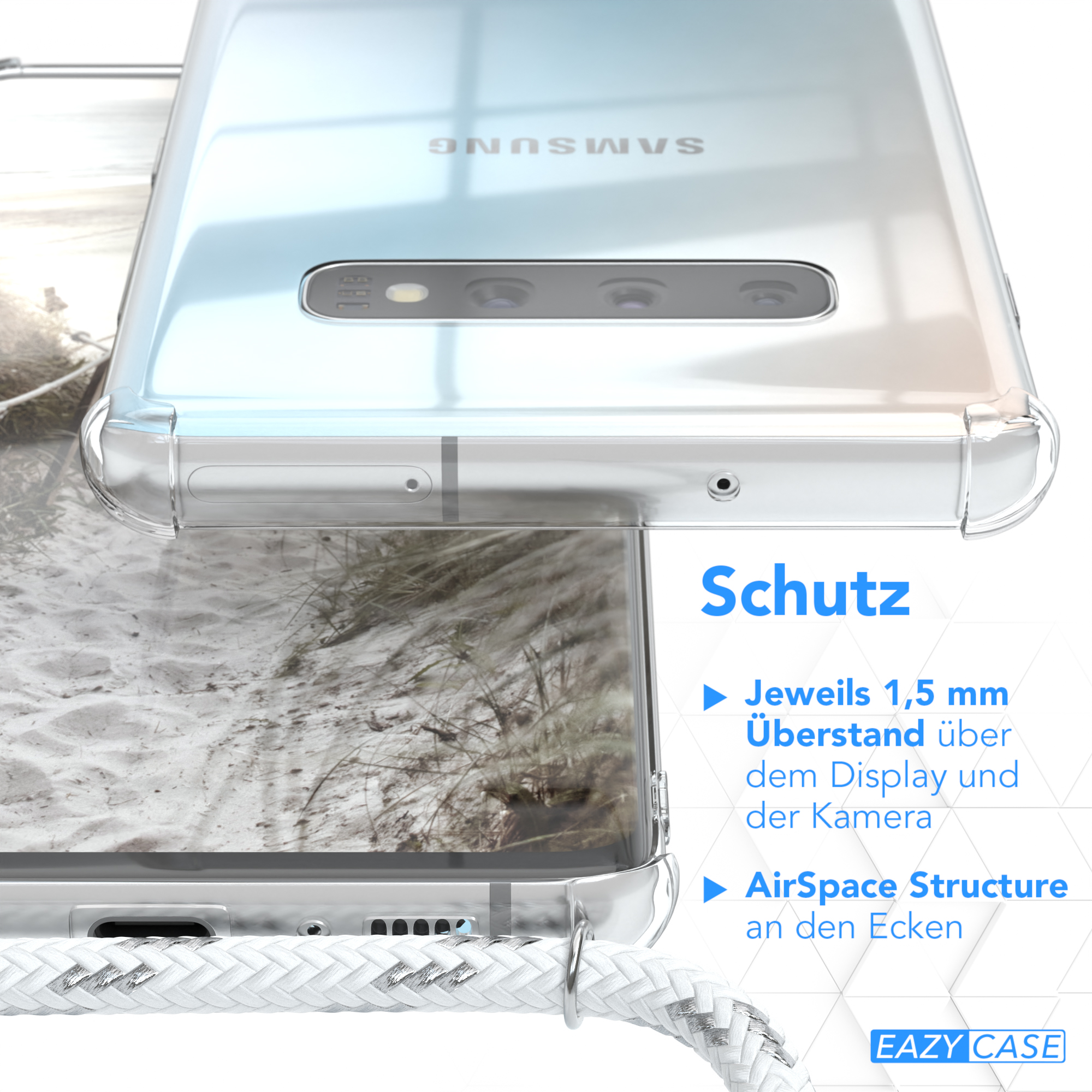 Klare Handyhülle mit Text 'Schutz' und Details, über einem Handy und Sandhintergrund.