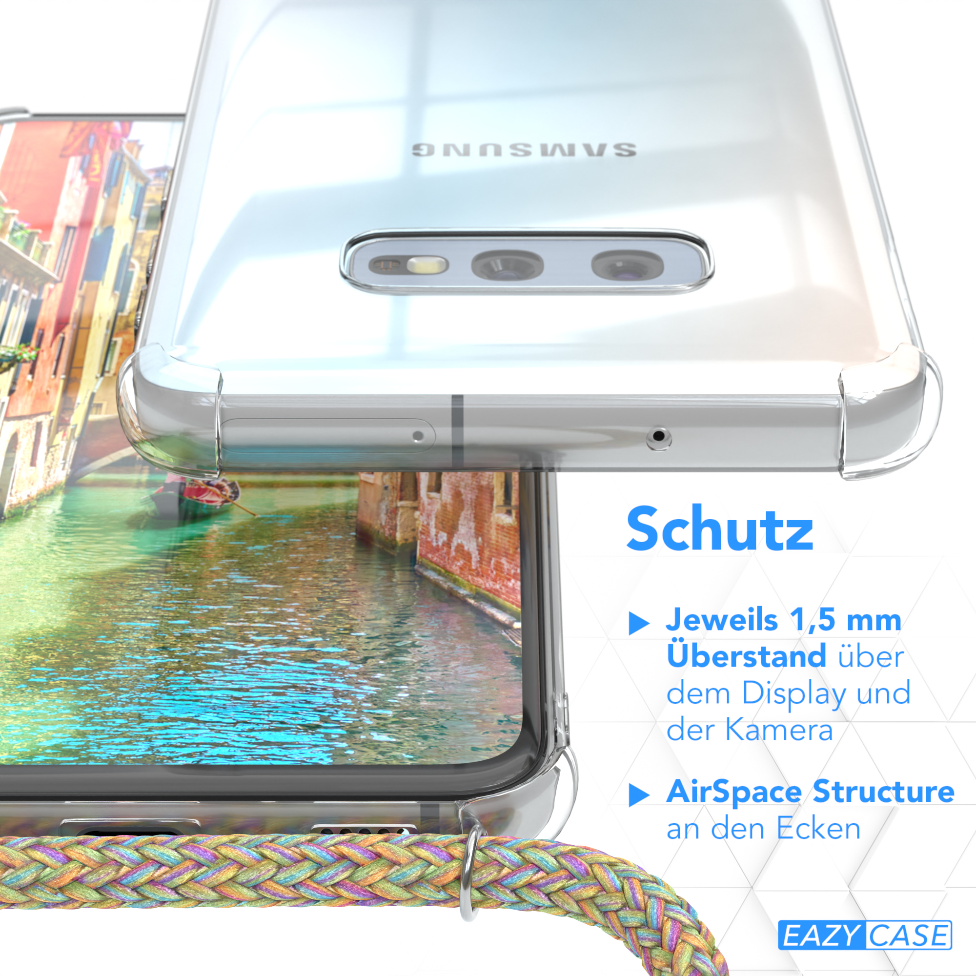 Nahaufnahme einer Handyhülle, die Struktur und den Text 'Schutz' zeigt.