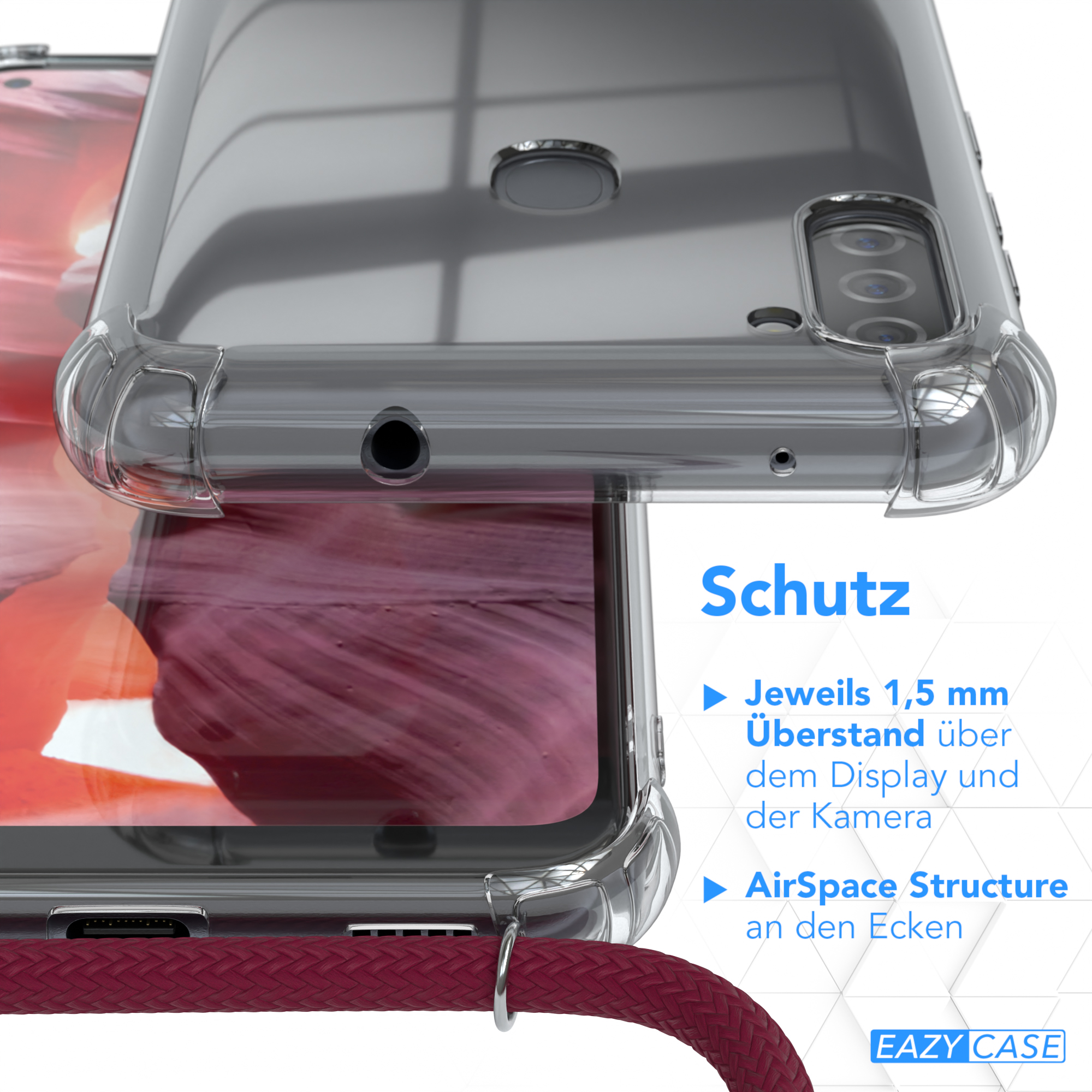 Transparente Handyhülle schützt ein Telefon. Text hebt Schutzfunktionen hervor, darunter AirSpace Structure.