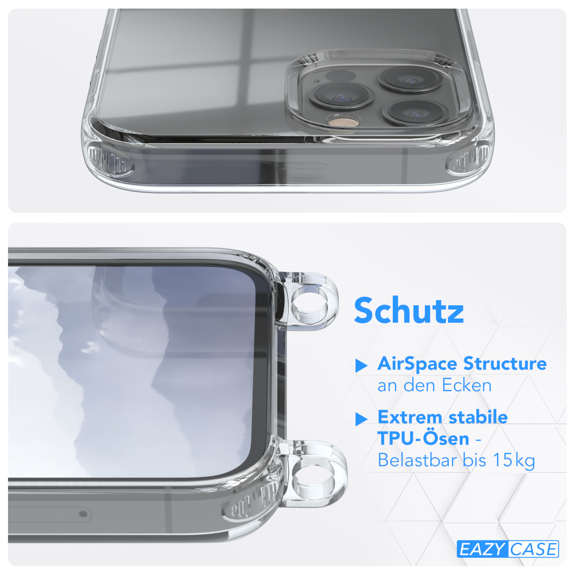 Handyhülle Detail. Zeigt Schutzfunktionen: AirSpace Structure und TPU-Ösen.
