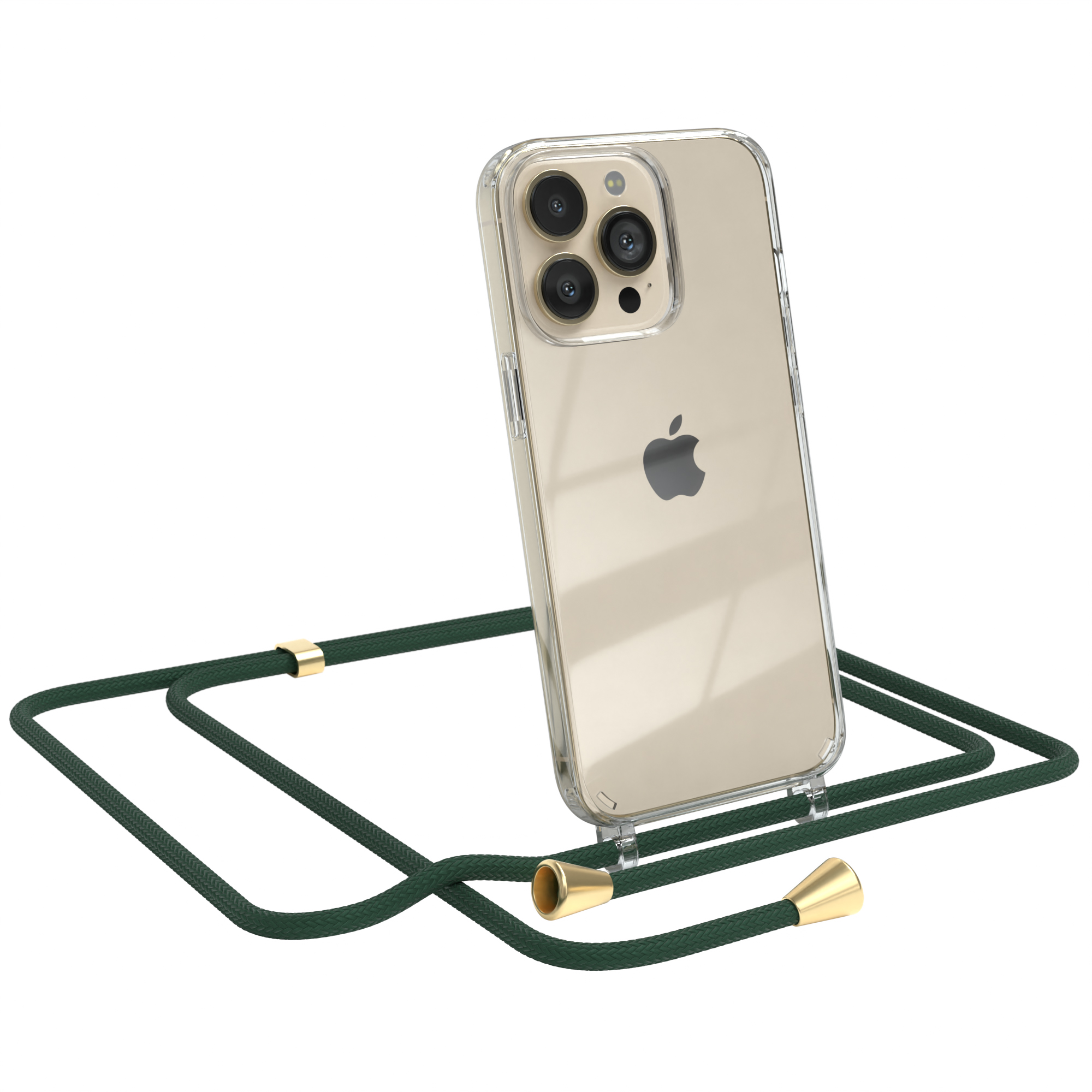 iPhone mit transparenter Hülle und grünem Umhängeband.