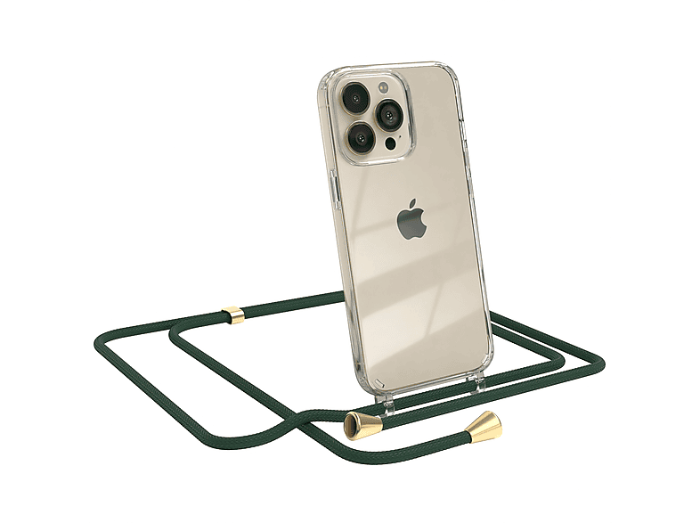 EAZY CASE Clear Cover mit Umhängeband, Umhängetasche, Apple, iPhone 13 Pro, Grün / Clips Gold