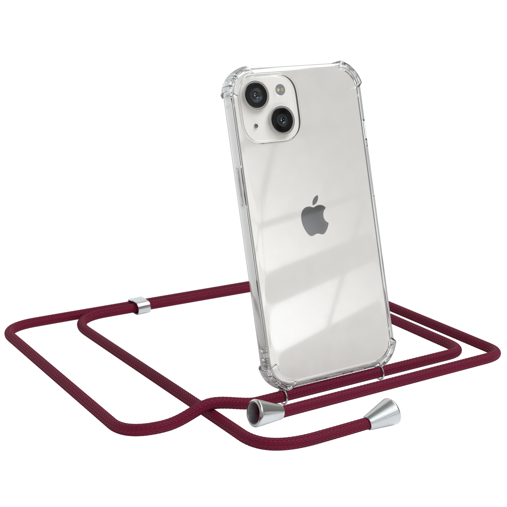 Transparente Handyhülle mit weinrotem Umhängeband. Apple-Logo sichtbar. Vor weißem Hintergrund.