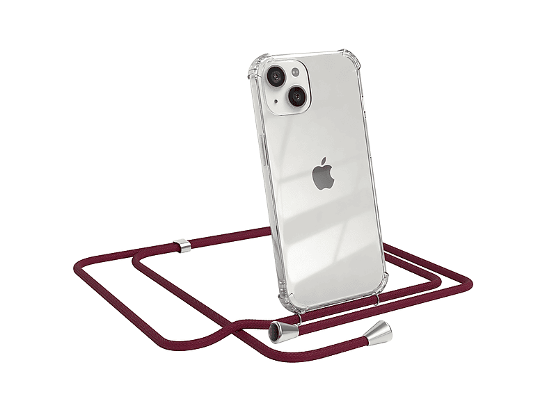 EAZY CASE Clear Cover mit Umhängeband, Umhängetasche, Apple, iPhone 13, Bordeaux Rot / Clips Silber