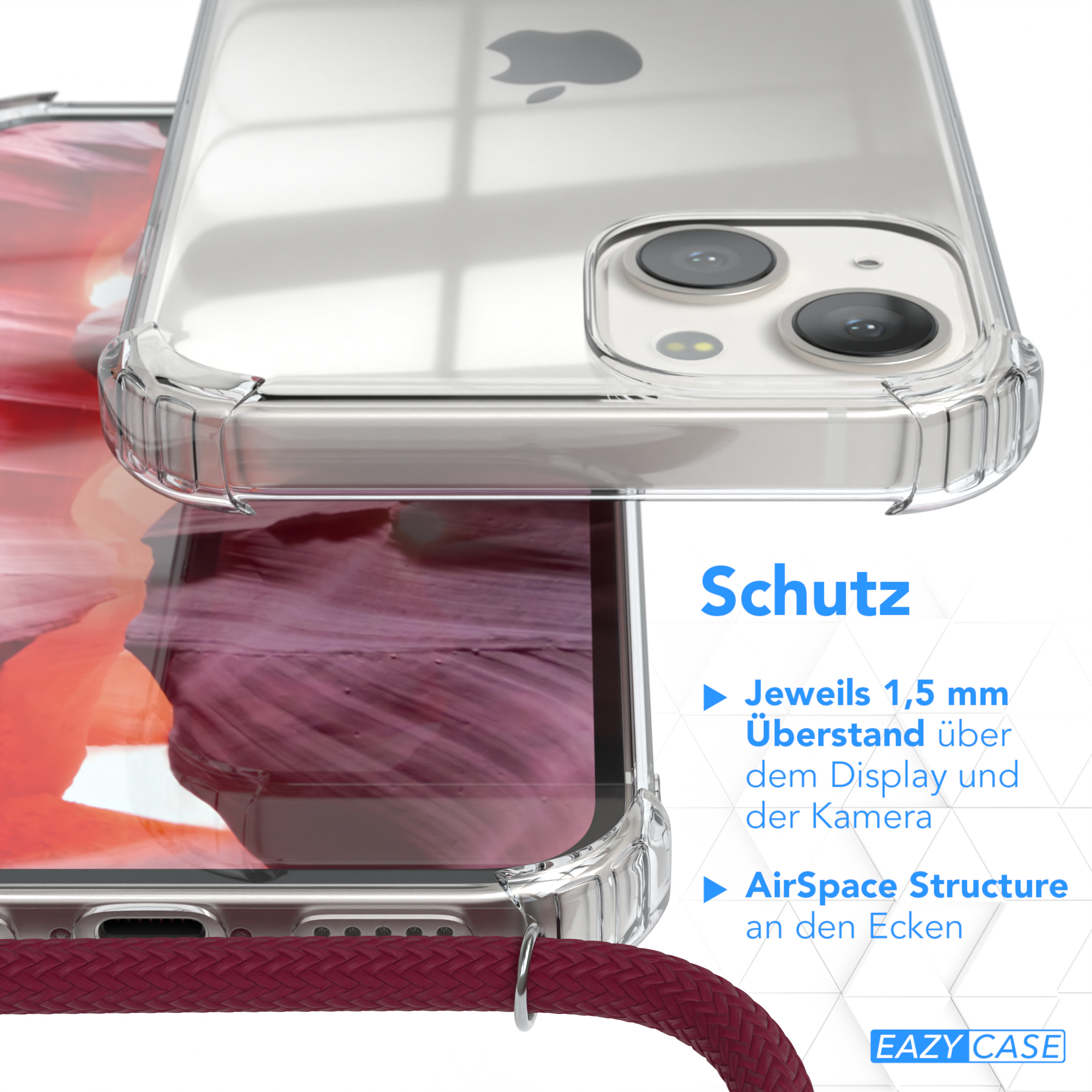 Klare Handyhülle über rotem Telefon. Die Hülle hat einen Kameraausschnitt.