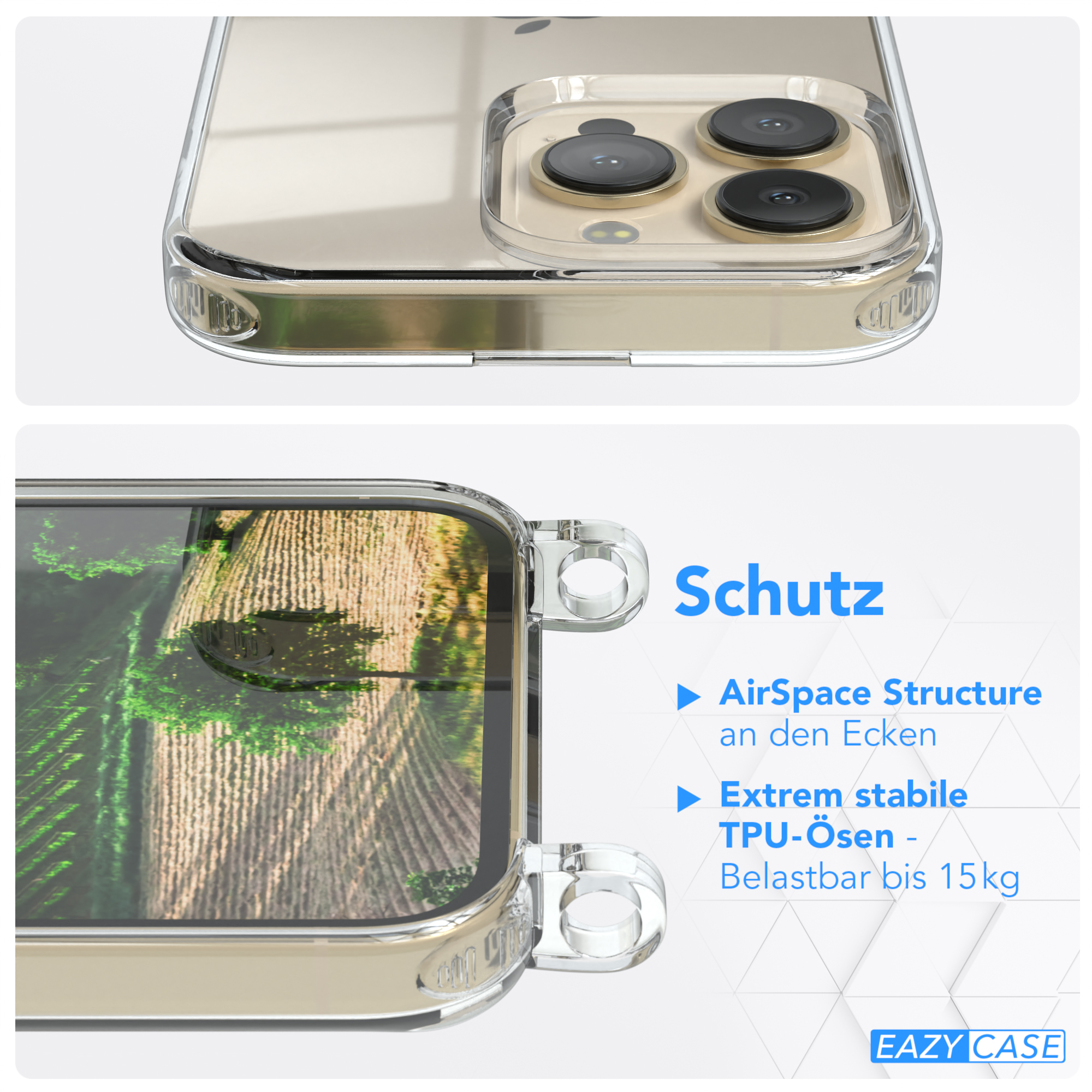 Nahaufnahme der Handyhülle, mit Gehäusedesign. Text: 'AirSpace Structure' und 'TPU-Ösen'.