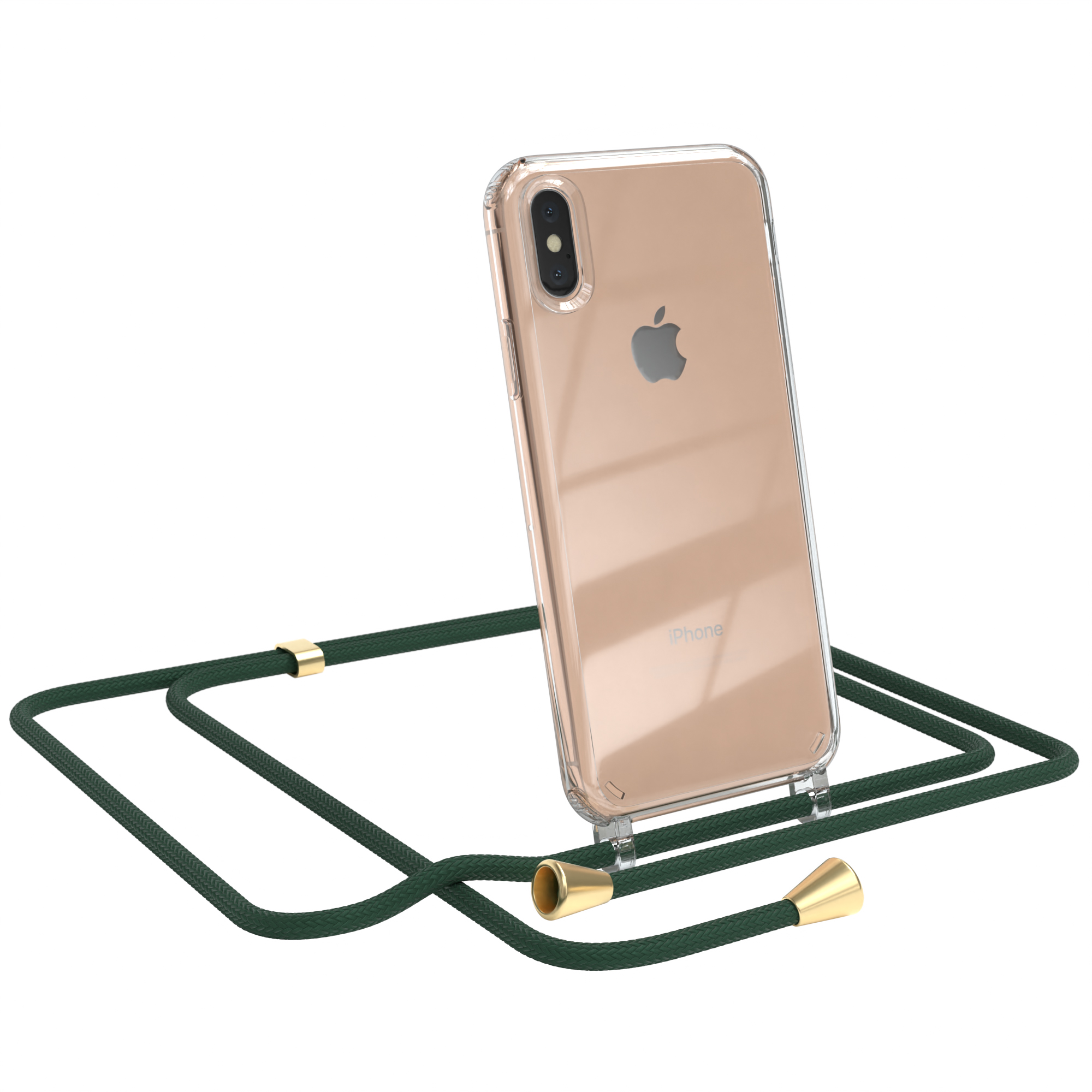 Transparente Handyhülle mit grünem Band. Apple-Telefon sichtbar. Weißer Hintergrund.