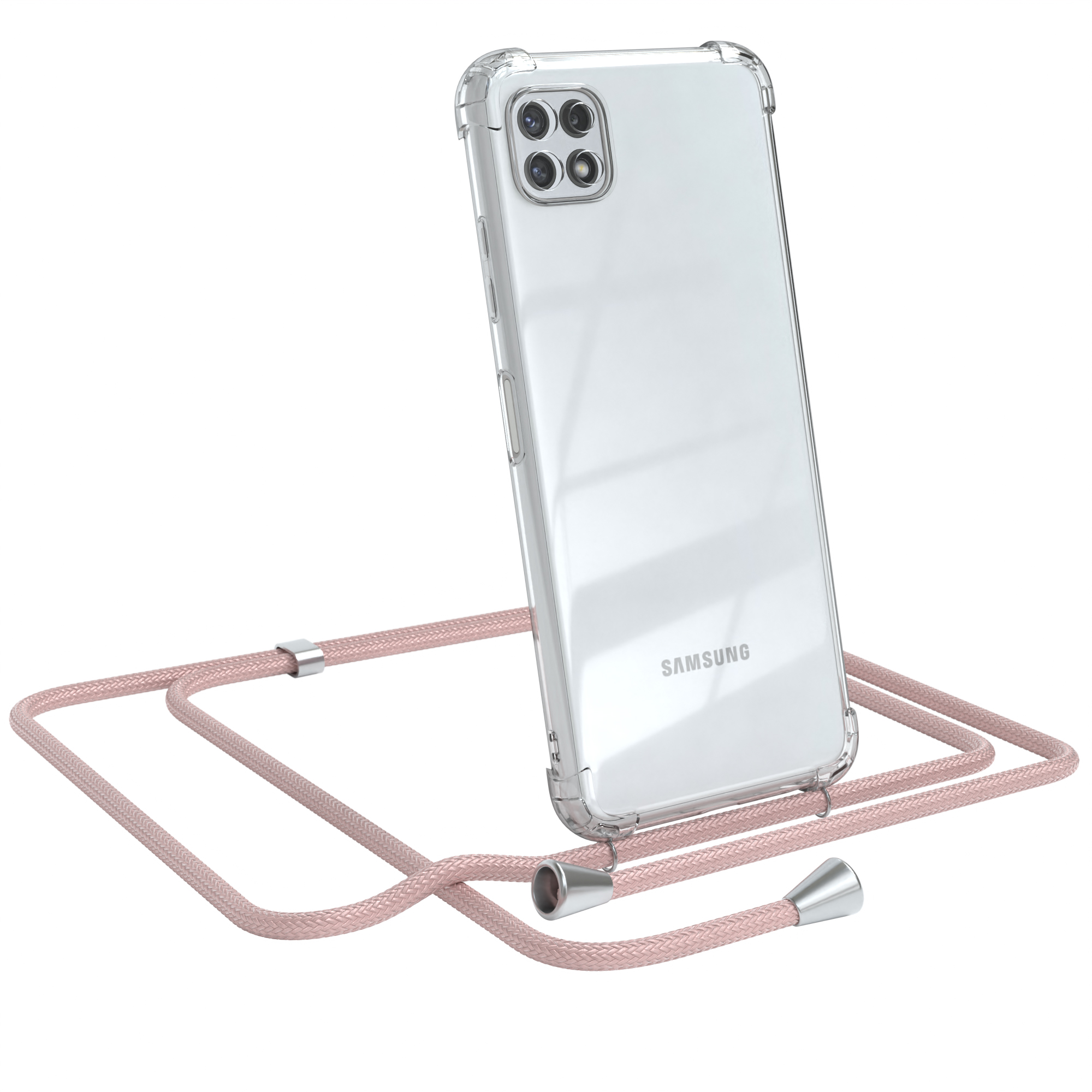 Transparente Handyhülle mit hellrosa Umhängeband. Das Telefon zeigt ein Samsung-Logo.