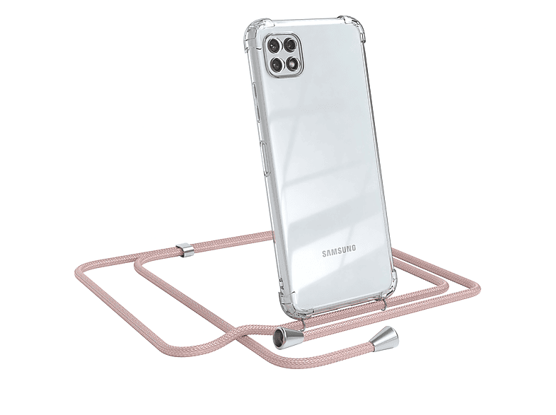 EAZY CASE Clear Cover mit Umhängeband, Umhängetasche, Samsung, Galaxy A22 5G, Rosé / Clips Silber