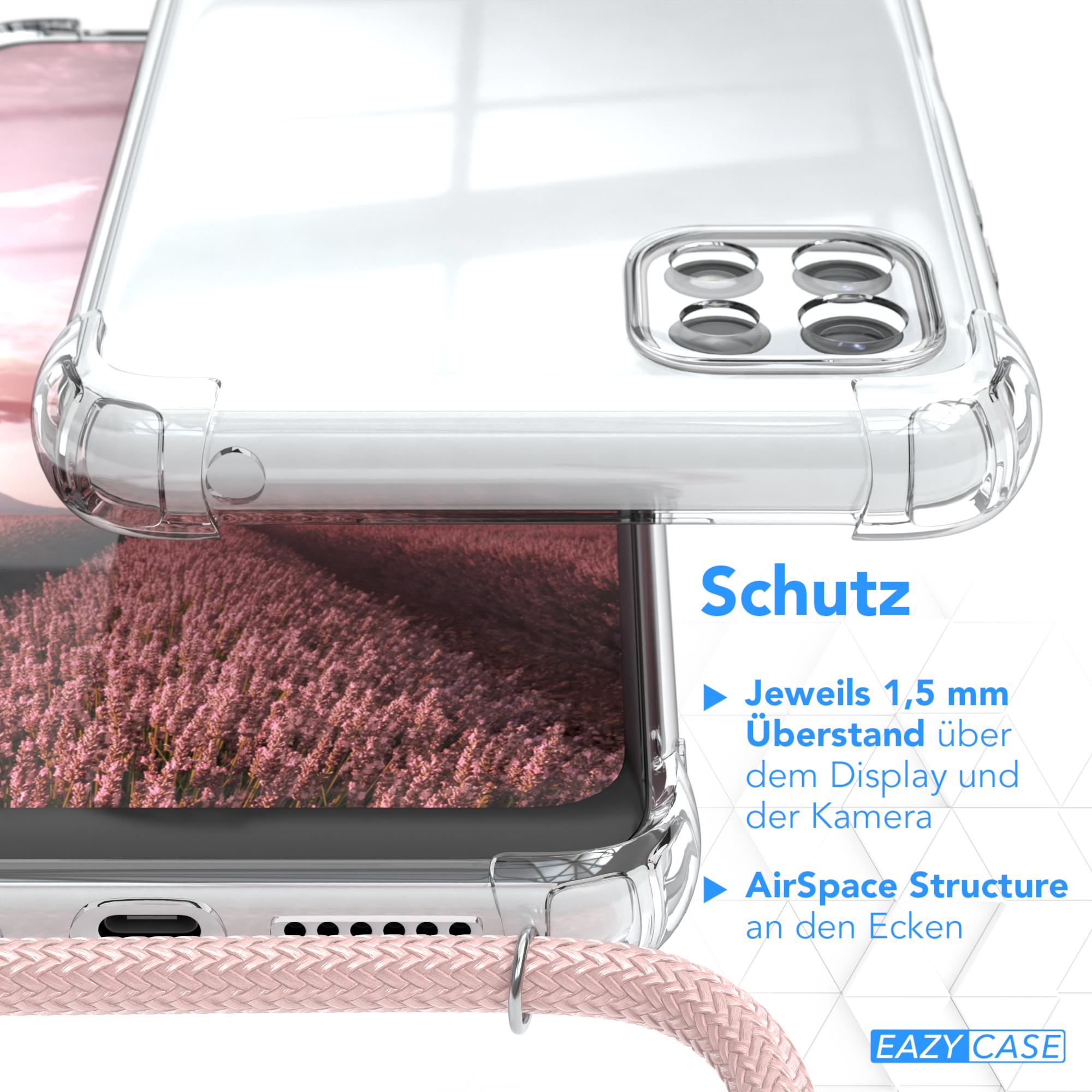 Nahaufnahme einer Handyhülle, mit Schutzmerkmalen in einer Grafik hervorgehoben, und einer rosa Kordel.
