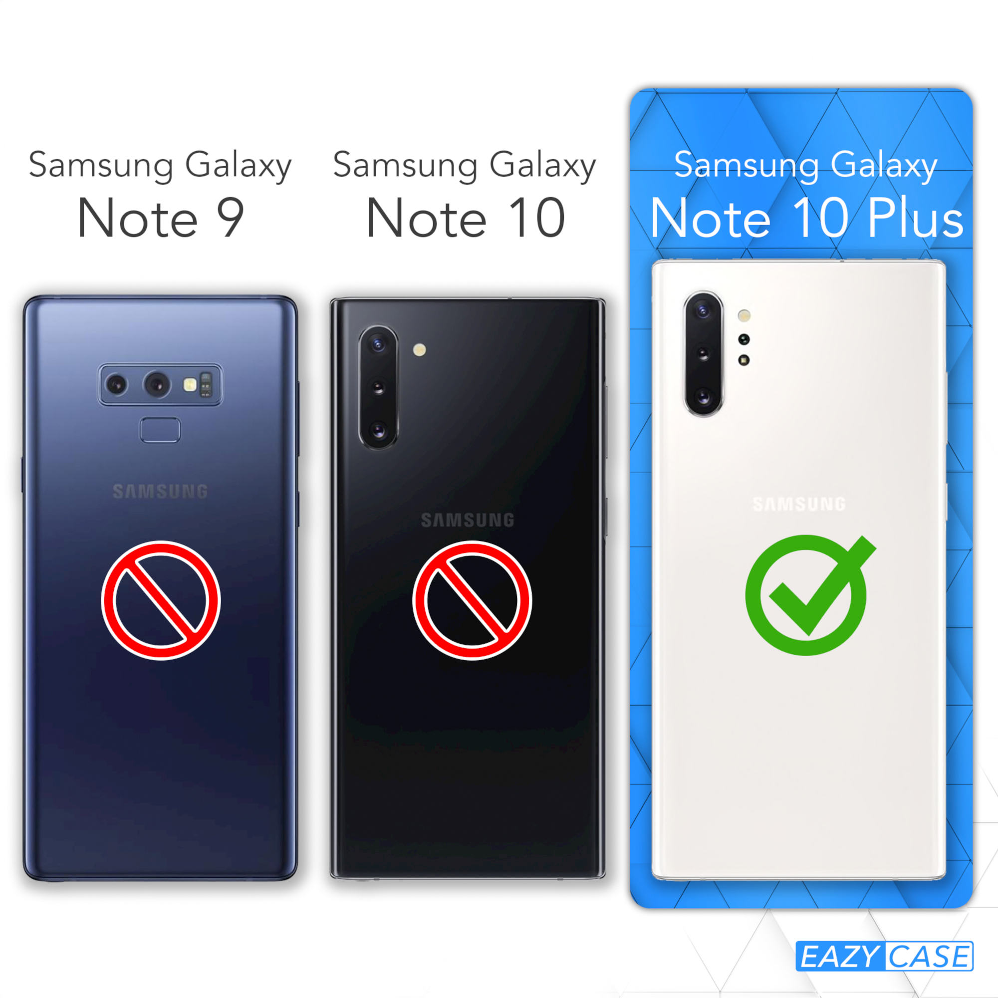 Samsung-Telefone mit X oder Häkchen. Text sagt Samsung Galaxy Note-Modelle. Eazy Case Logo.