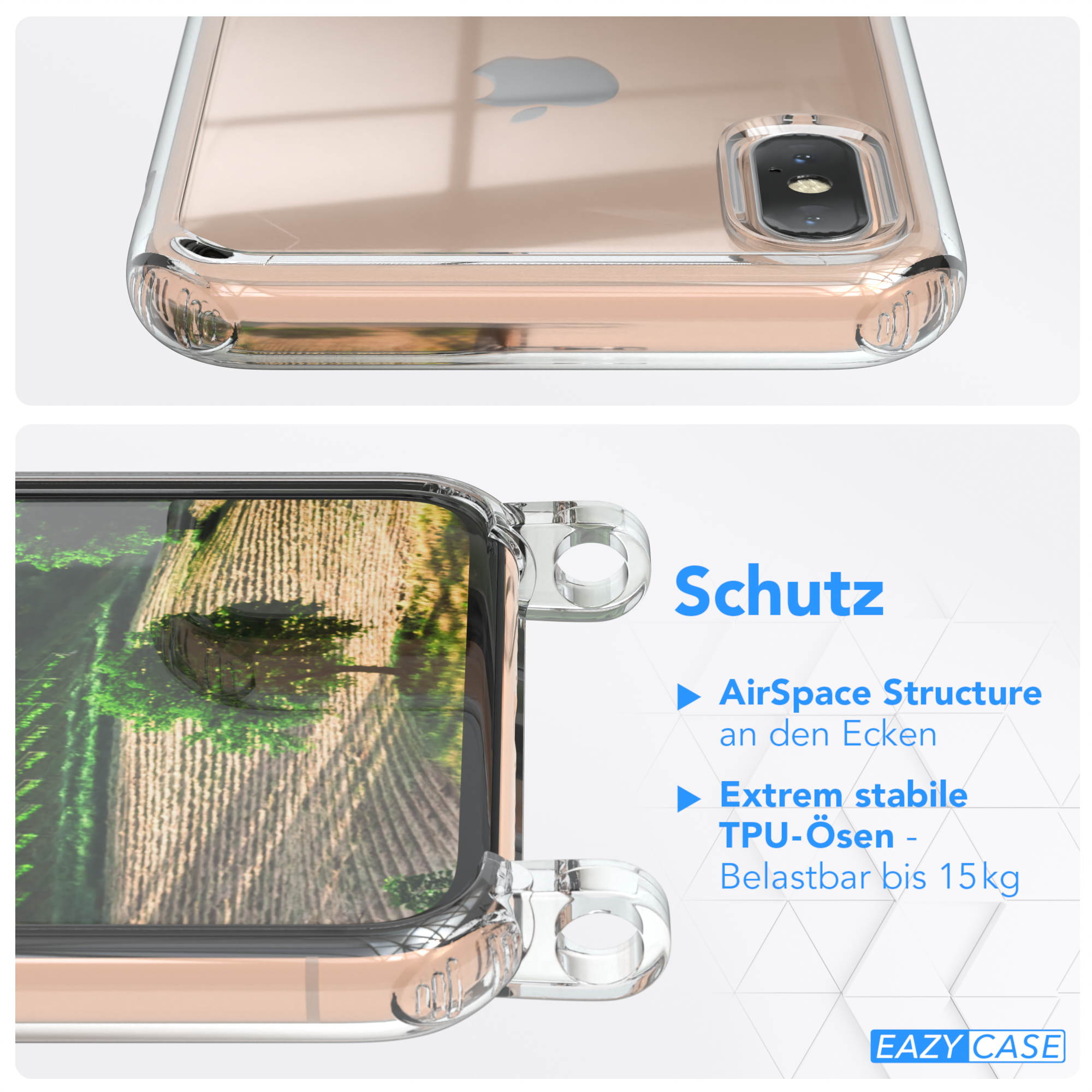 Transparente Handyhülle mit goldenem Telefon. Nahaufnahme von Hülle und Telefon mit Schutzfunktionen.