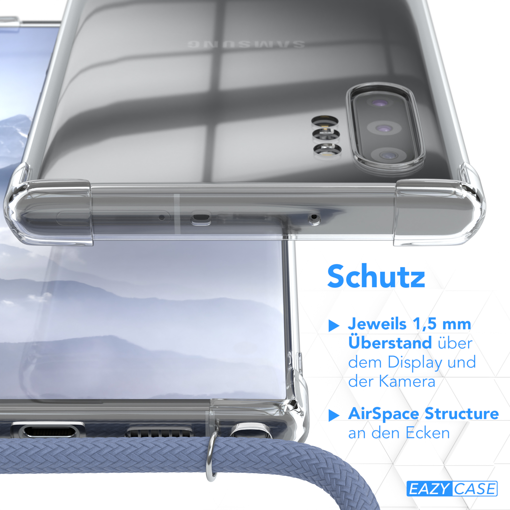 Transparente Handyhülle auf einem Telefon. Die Hülle ist transparent und schützt das Telefon.