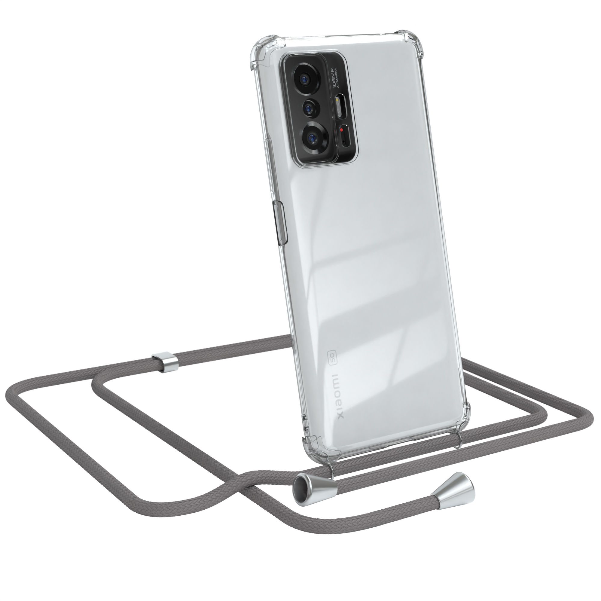 Ein Smartphone in einer transparenten Hülle mit einer grauen Kordel.