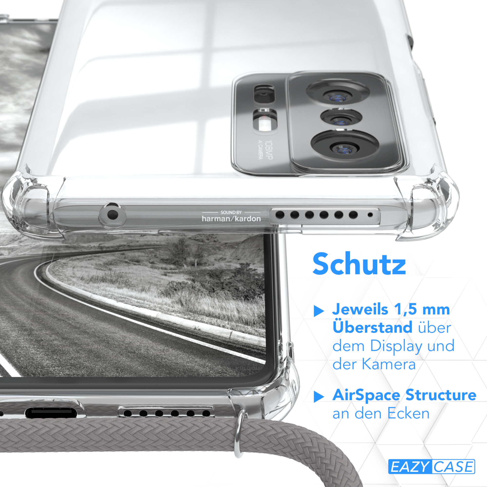 Transparente Handyhülle mit silbernem Kabel, Telefondetail und Straßenbild.