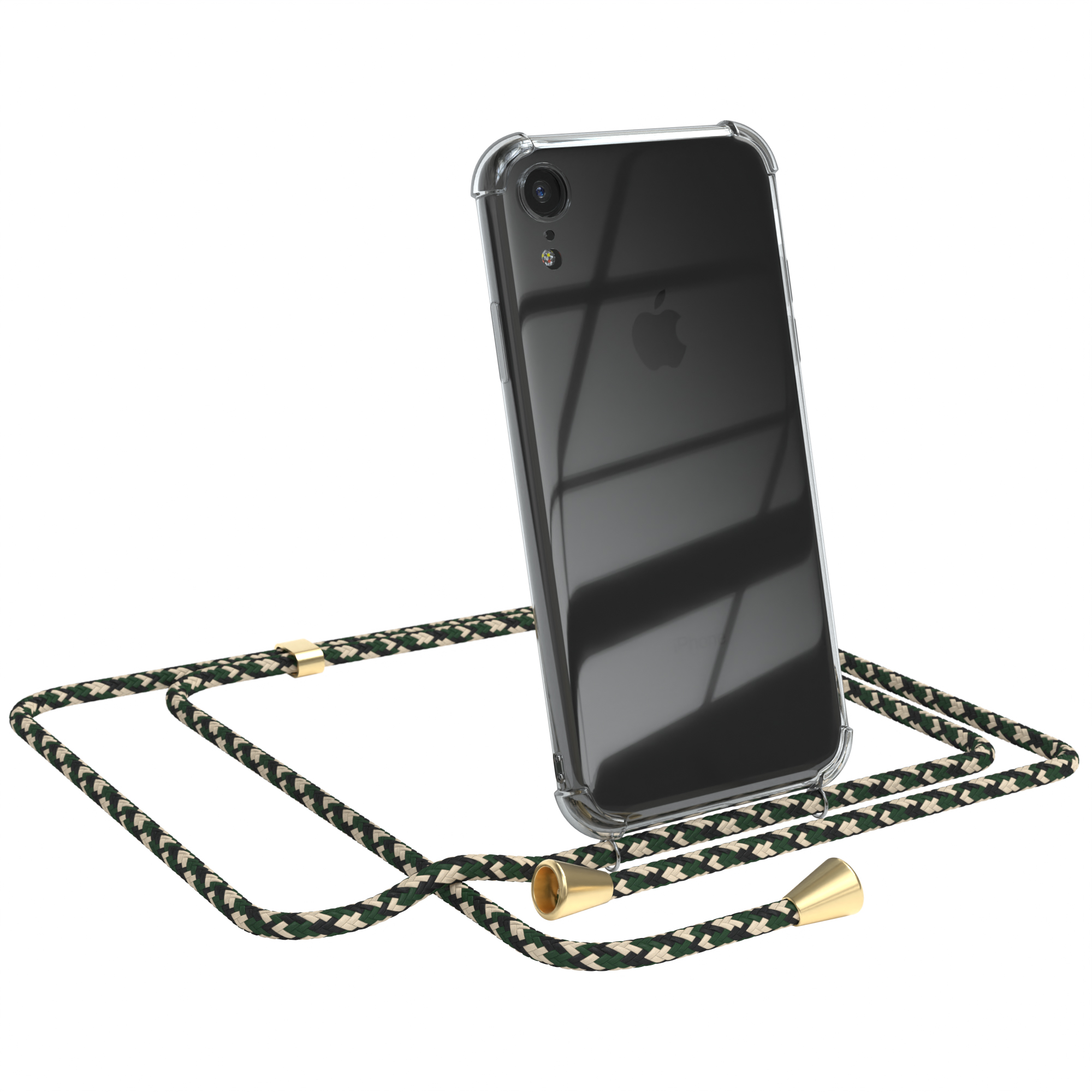 Transparente Handyhülle mit grünem Band. Apple-Handy ist drin. Weißer Hintergrund.