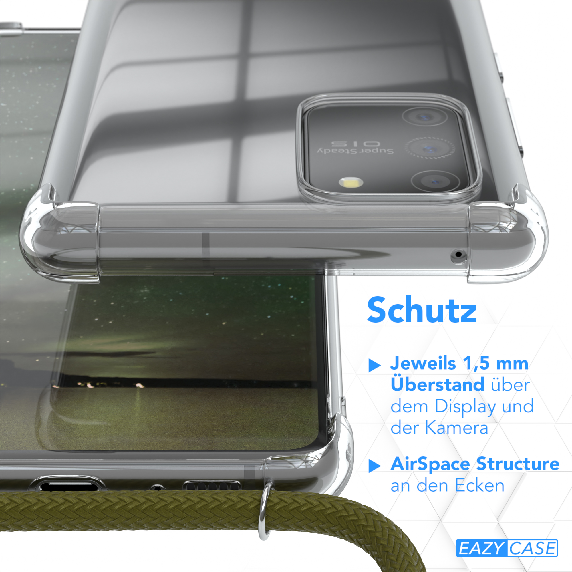 Transparente Handyhülle mit farbigem Kordel, auf weißem Hintergrund.