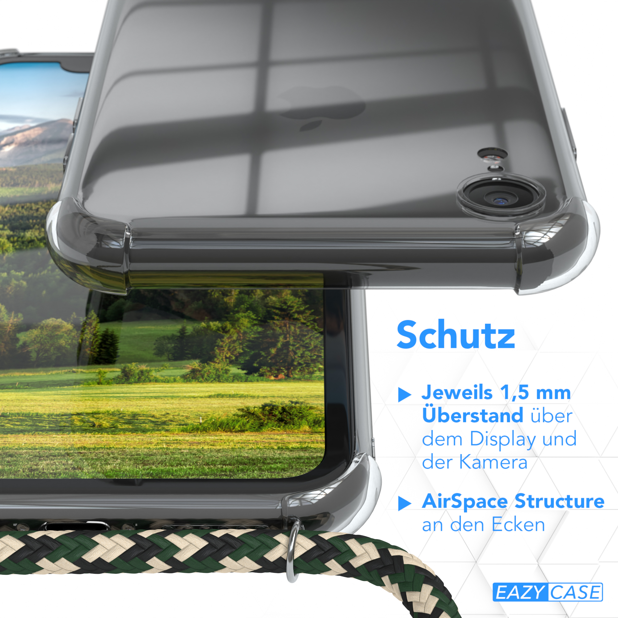 Handyhülle über einem Telefon. Text: Schutz. Grüner Feldhintergrund.