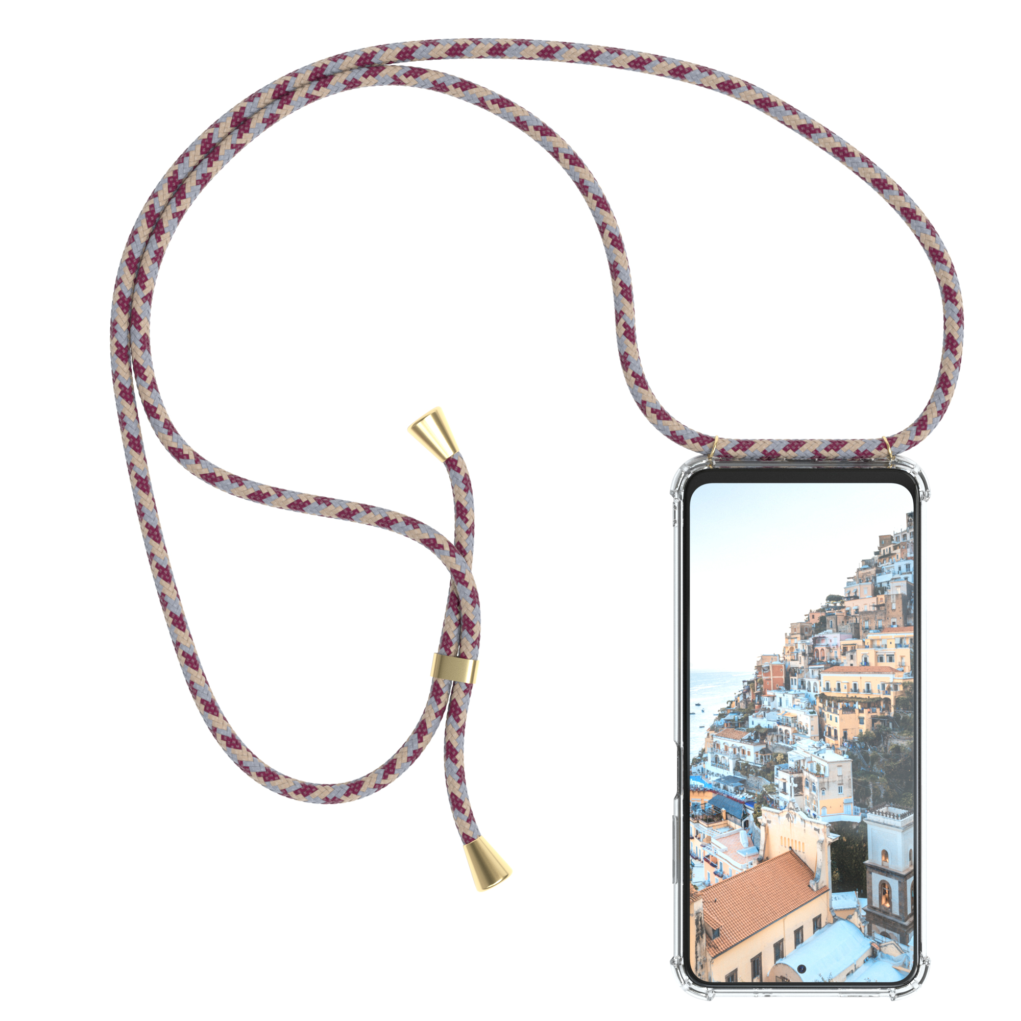 Ein Telefon in einer durchsichtigen Hülle mit einem gemusterten Kabel. Hintergrund ist eine Küstenstadt.