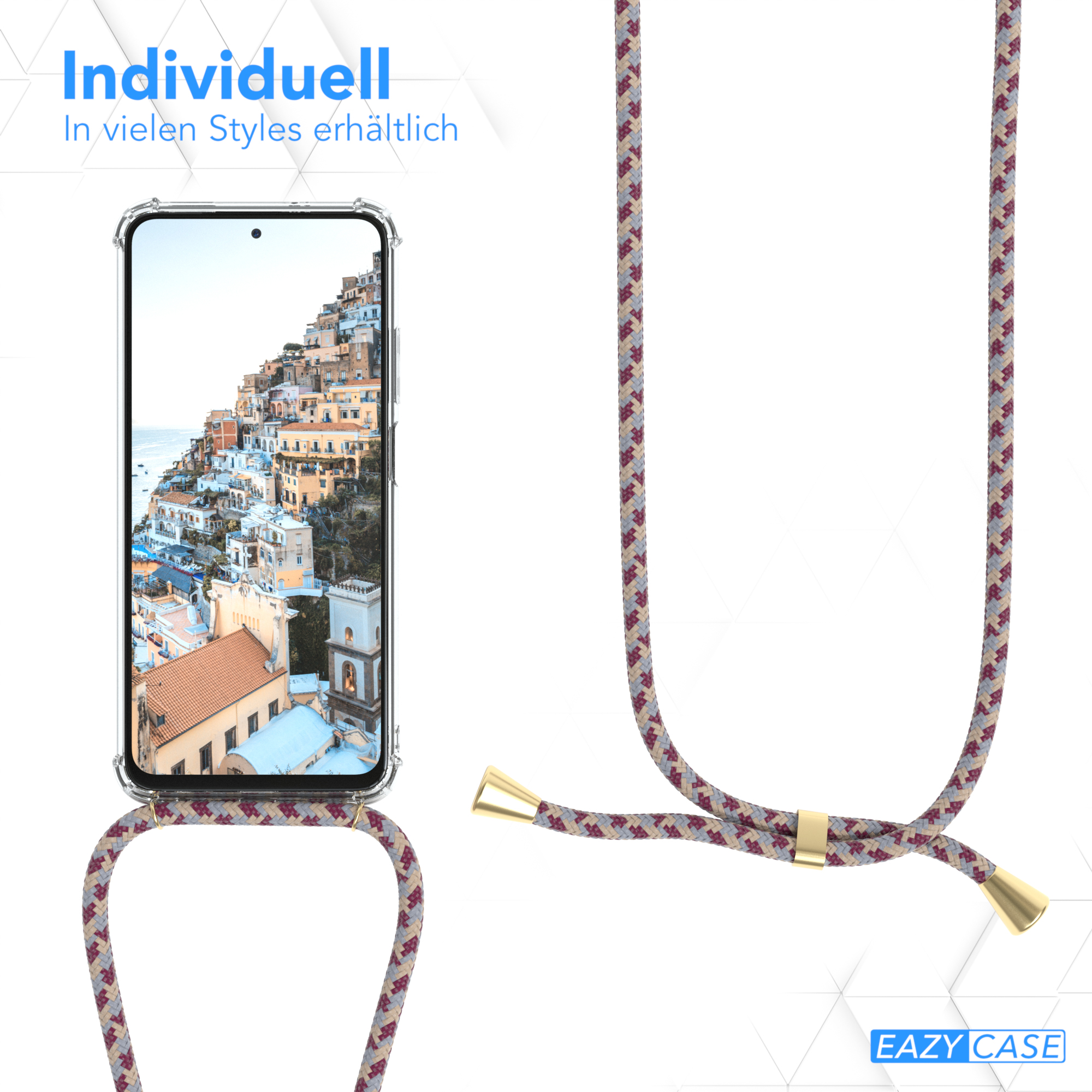 Ein Telefon mit einem bunten Band. Das Telefon zeigt eine Stadt mit weißen Gebäuden und einem Fluss.