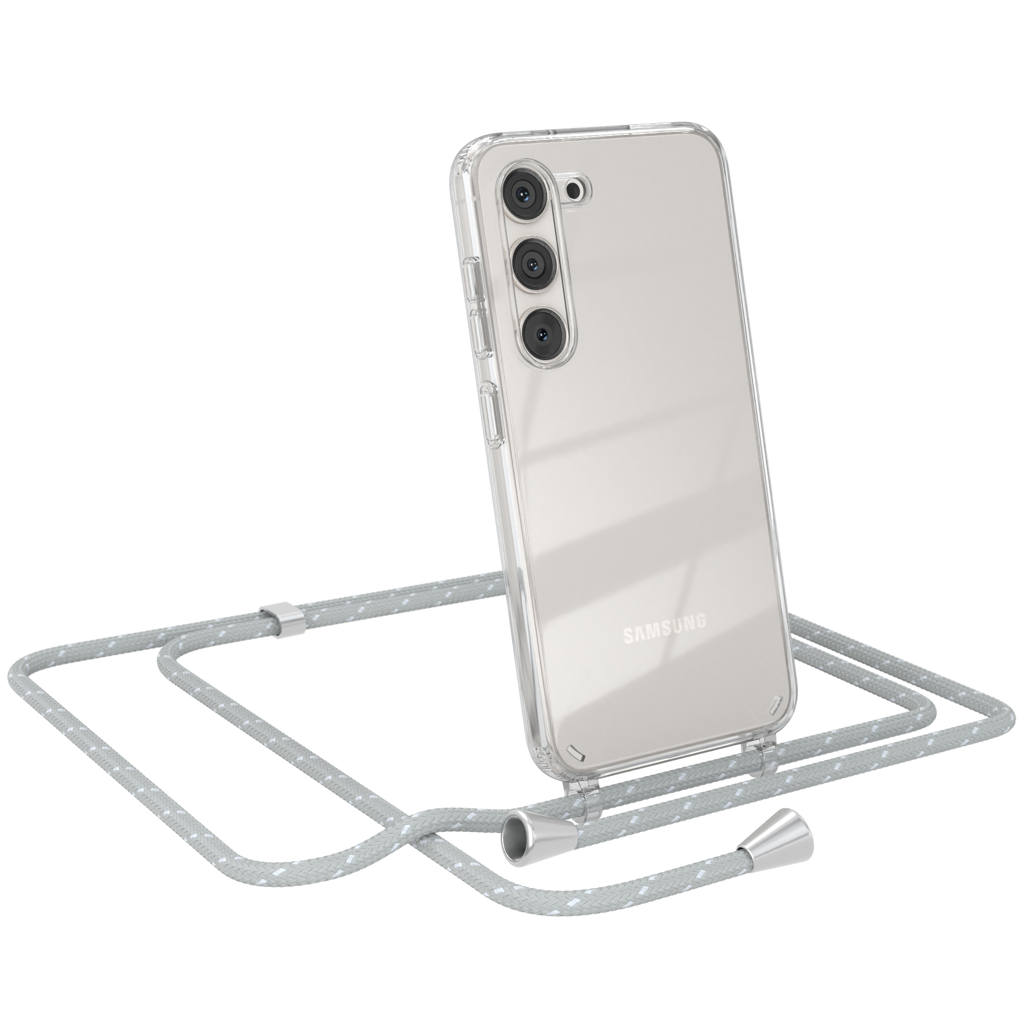 Eine transparente Handyhülle mit hellgrauem Schlüsselband, das Telefon lehnt.