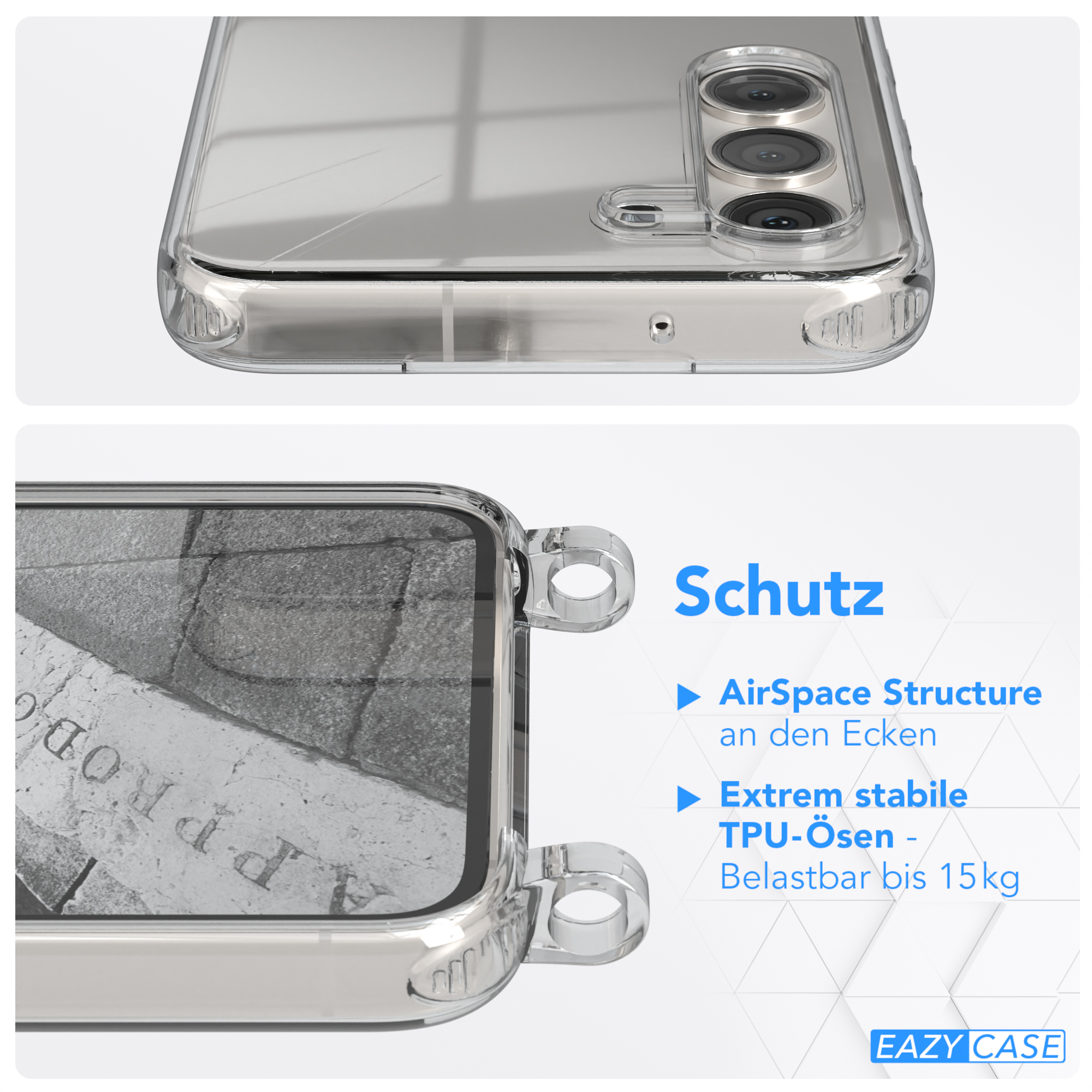 Nahaufnahme einer Handyhülle mit Schutzfunktionen, Text "Schutz" und "Eazy Case" Logo.
